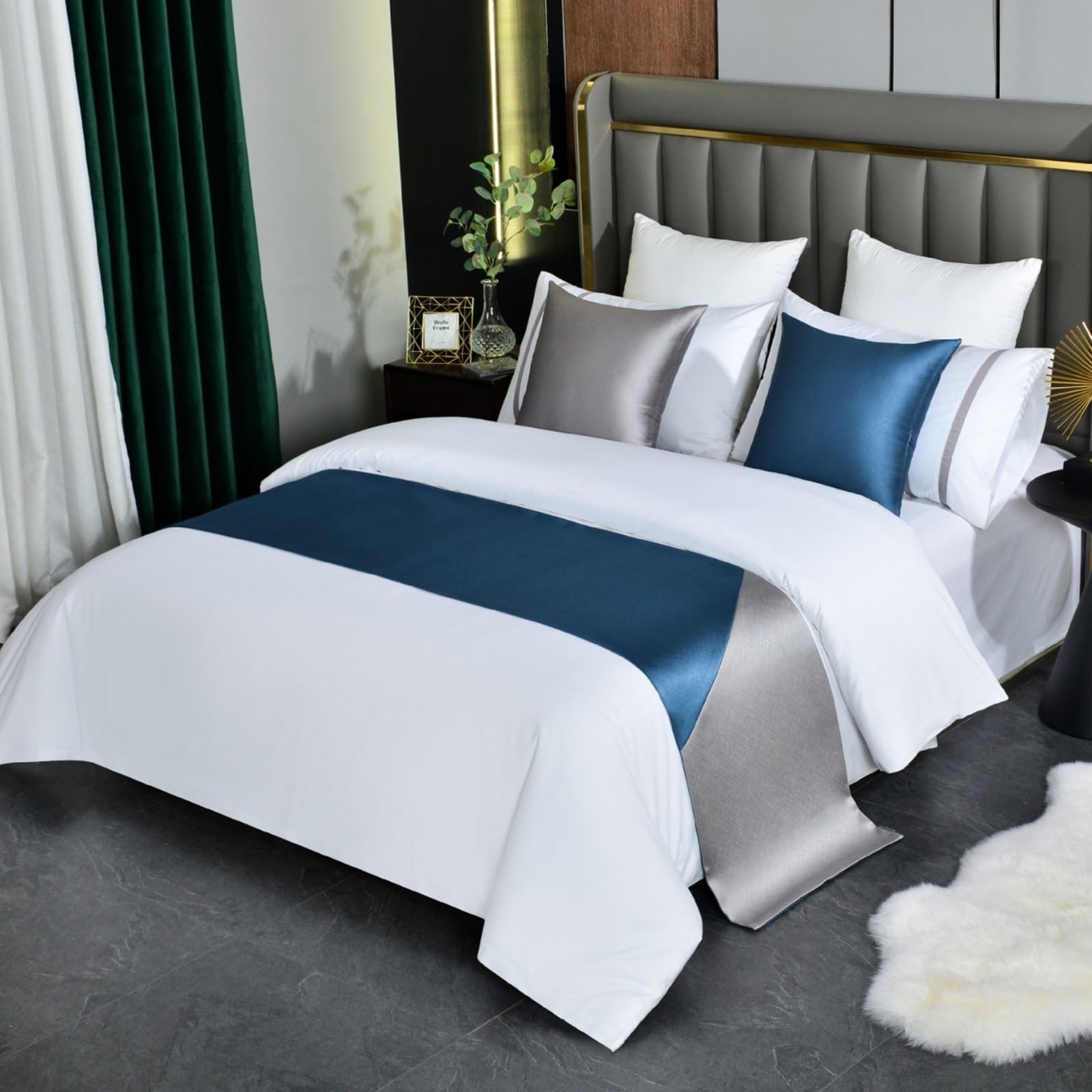 Syibelters Bed Runner Blue-210x50cm(1.5m Bed) Double Sided For Queen & Full