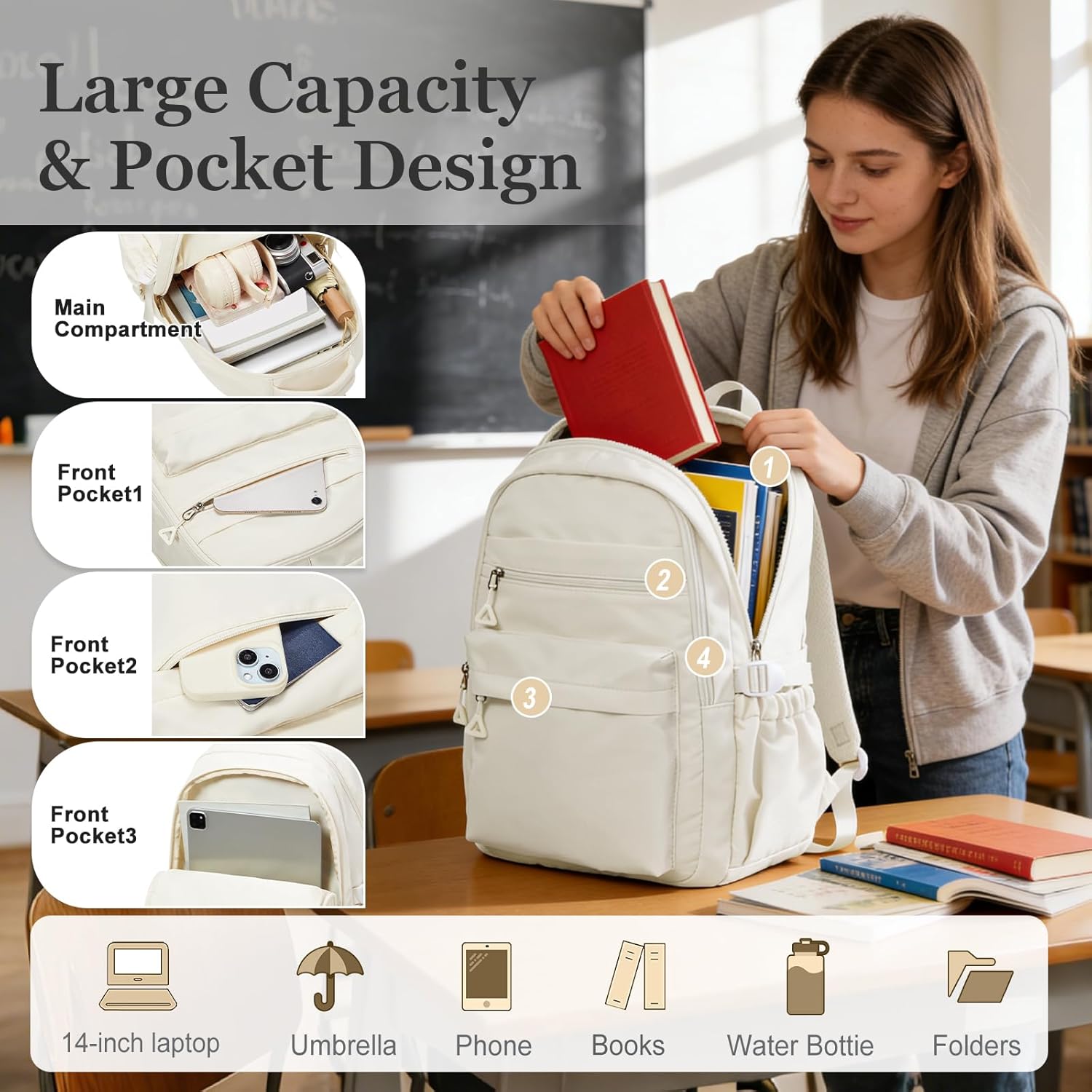 Backpack for College Students Women Men, Aesthetic Backpacks for Middle School, Waterproof Bookbag, Lightweight High School Backpack for Teens Boys Girls(Beige) - Image 3