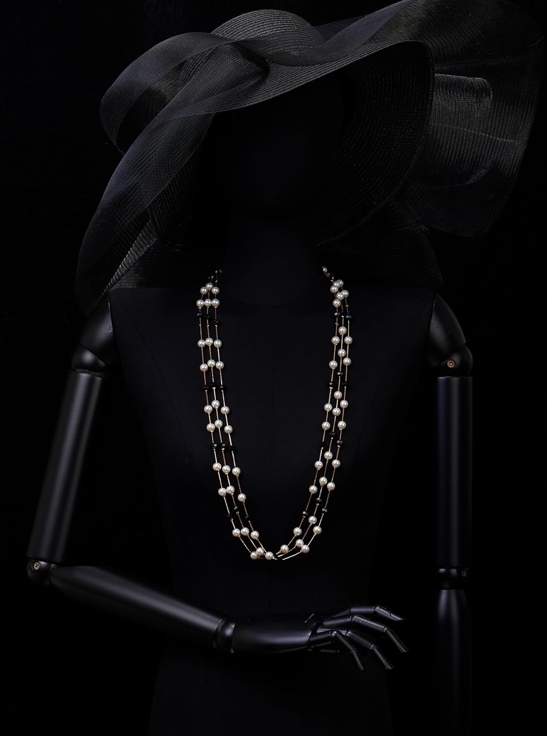 Women's Long Beaded Necklace, Pearls, Statement Necklace Three-Strand 18K Gold-Plated Chains - Image 2