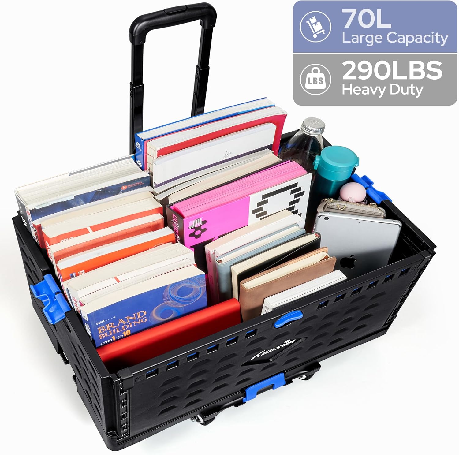 KEDSUM 2 in 1 Rolling Cart with Durable Removable Crate, 290 LBS/70L Capacity Collapsible Rolling Crate with Lid for School, Craft, Office & Garden, on 4 Rotate Wheels