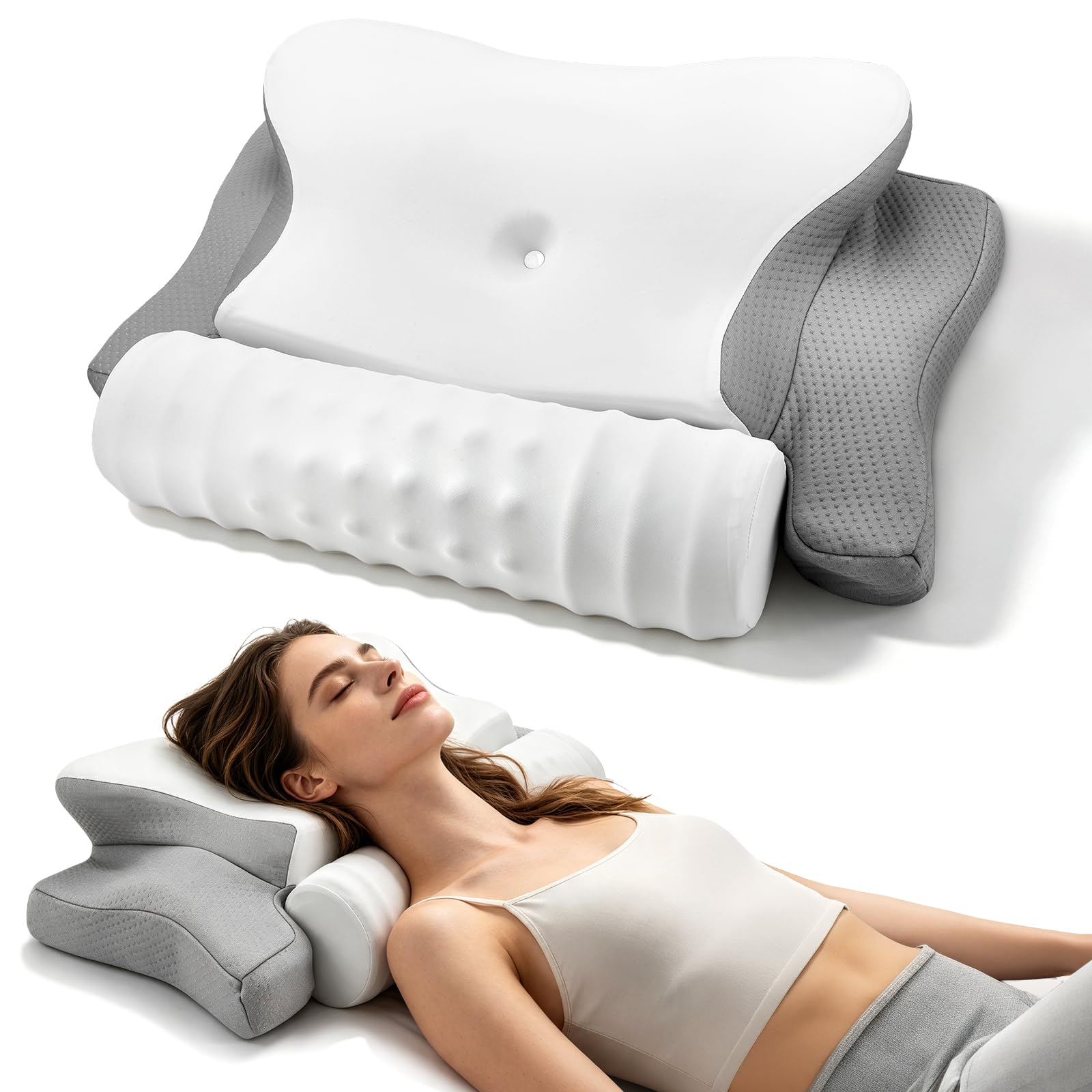 Poduszka pod kark 2 w 1 – ergonomiczna poduszka pod głowę z 2 wysokościami i chłodzącą poszewką, idealna dla osób śpiących na boku, plecach i brzuchu, kształt motyla z podłokietnikiem