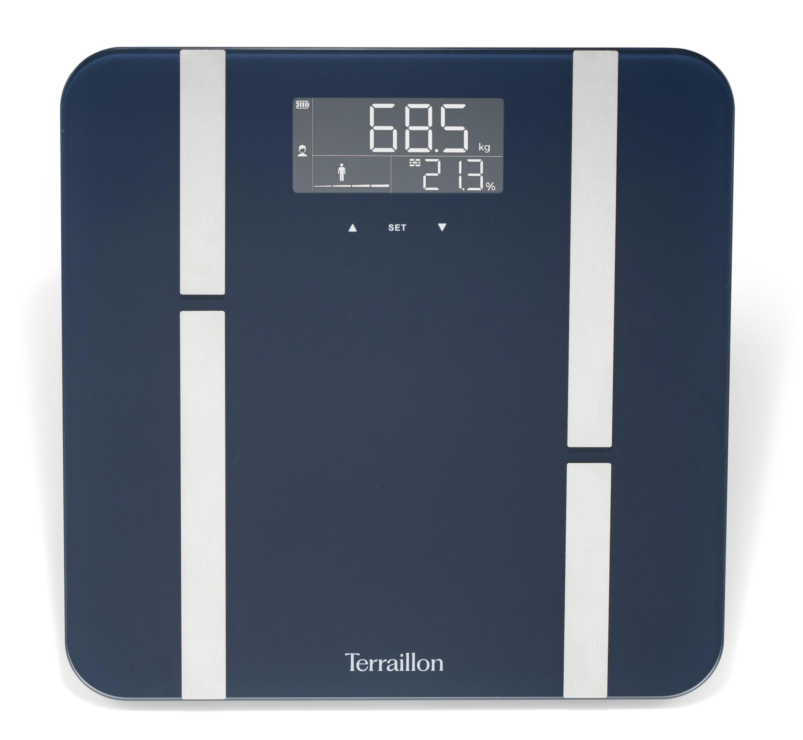 TERRAILLON - X LINE FIT- Bilancia elettronica per persona, Impedenzometro, Analisi delle masse grasse, muscolare, idrica, ossea IMC, Grande schermo retroilluminato, Capacità 180 kg, Vassoio in vetro,