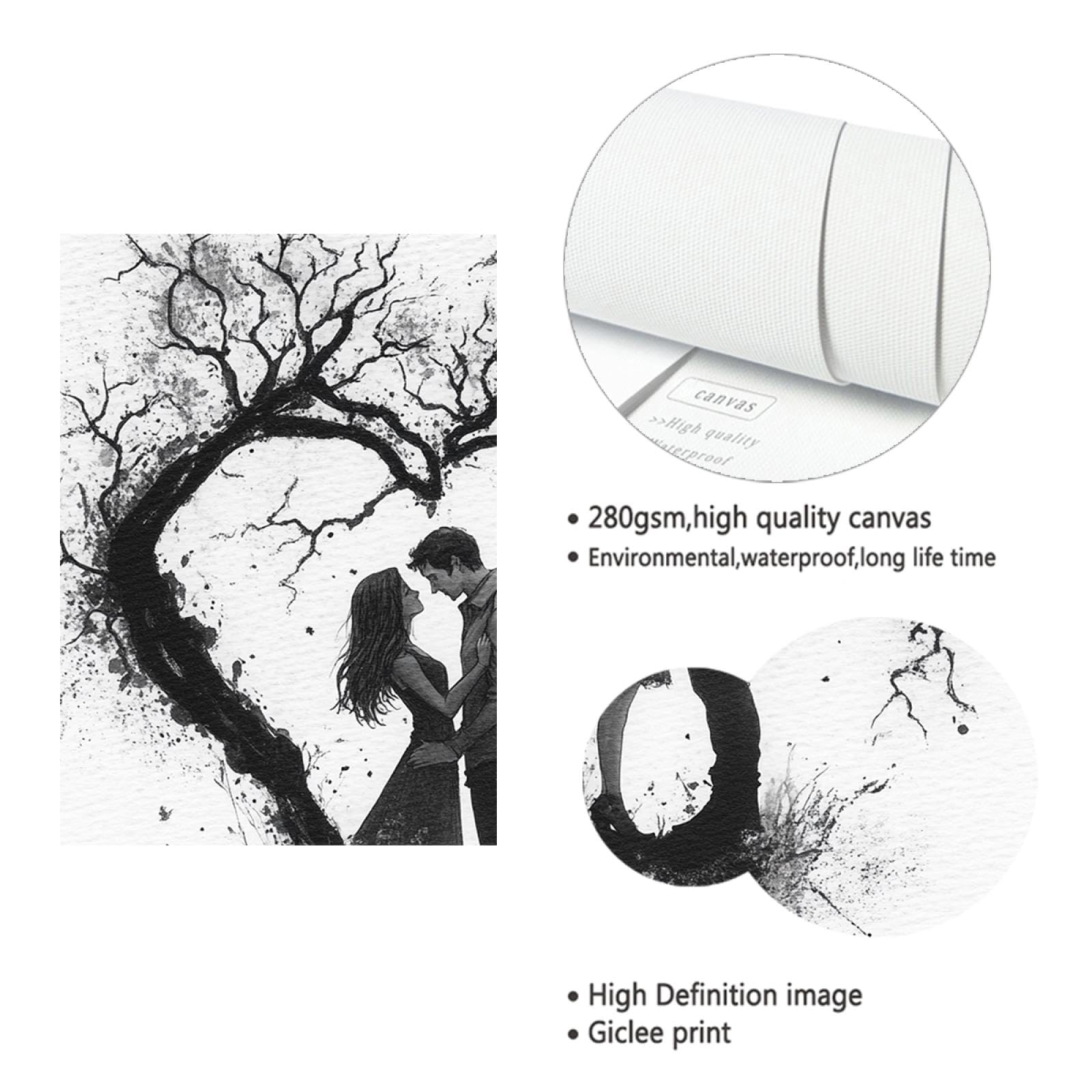 Creativo Amore Design Tela Arti Della Parete Rami A Forma Di Cuore E Giovane Coppia Opere D'arte Poster Per Il Soggiorno Lobby Room Wall Decor Bianco 60x80cm Innerframe