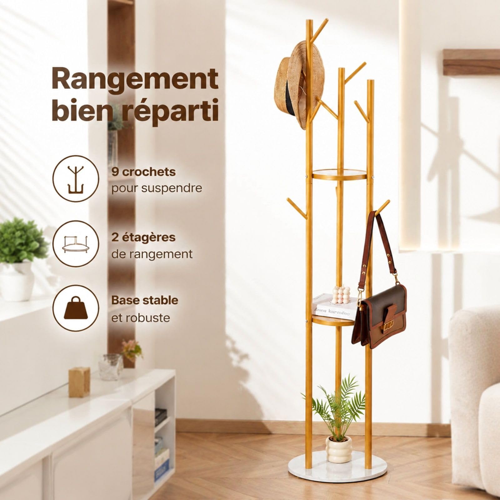 Portemanteau sur pied en métal avec base en quartz, 9 crochets pour entrée, chambre et bureau