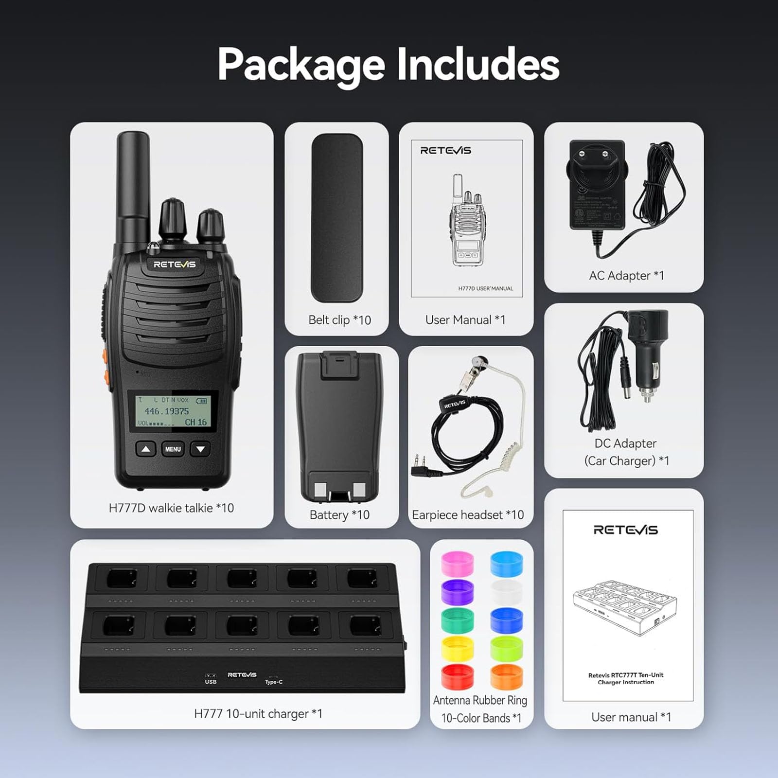 Retevis H777D Walkie Talkie PMR446, Ricetrasmittenti con Caricabatterie a 10 Vie, Display LCD, Wolky Toki Portatile con Auricolare per Sicurezza, Hotel (Confezione da 10)