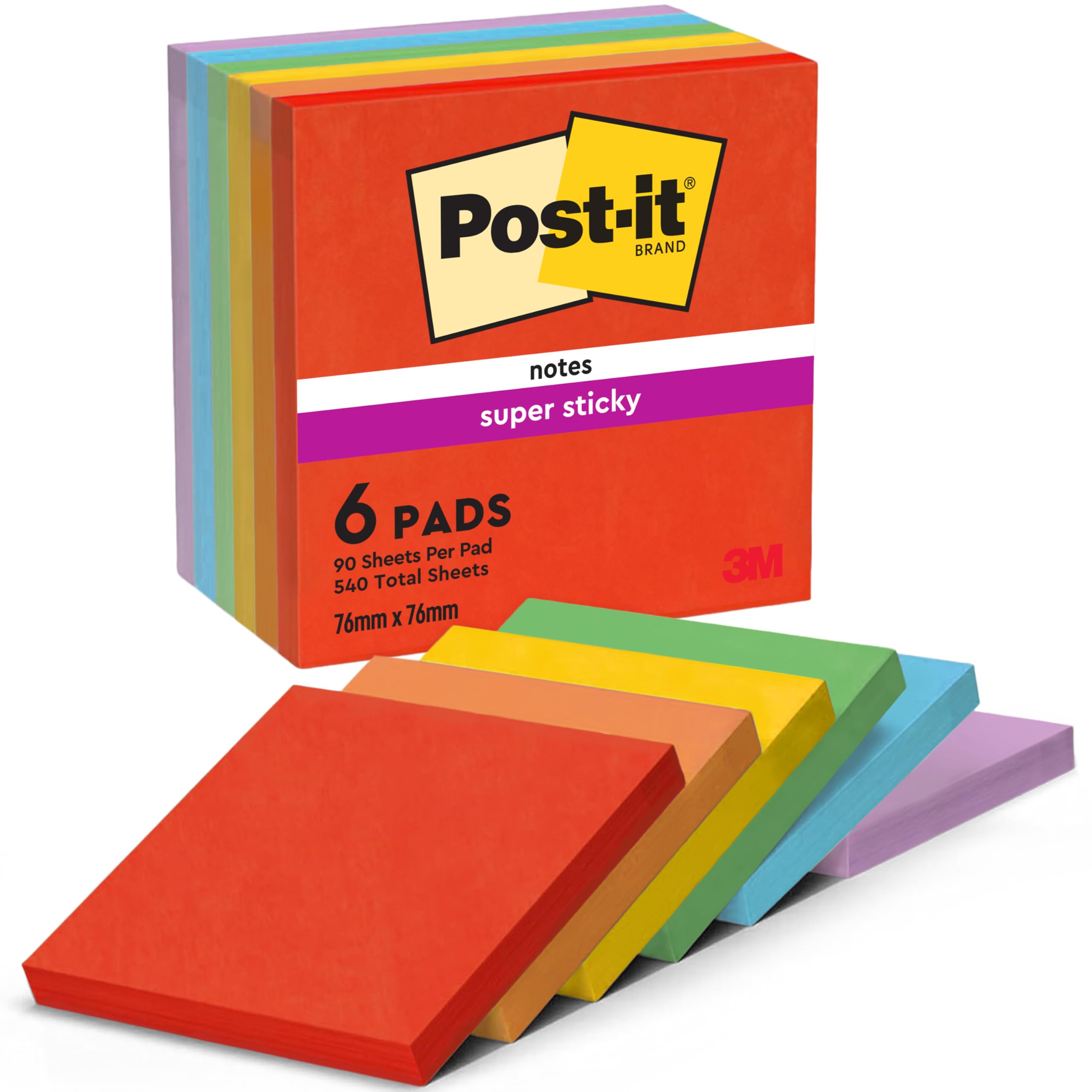 Post-it Super Sticky Notes, Double The Sticking Power, 6 Pads, 540 Sheets, 76 mm x 76 mm, Blue, Green, Orange, Purple, Red, Yellow Colors - Self-Sticking Notes for Walls, Monitors and Fridge