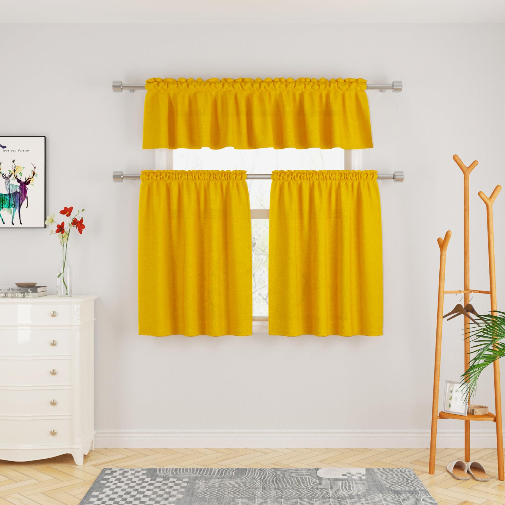 Juego de 3 cortinas y cenefas amarillas UPOPO de 36 pulgadas para media ventana de cocina