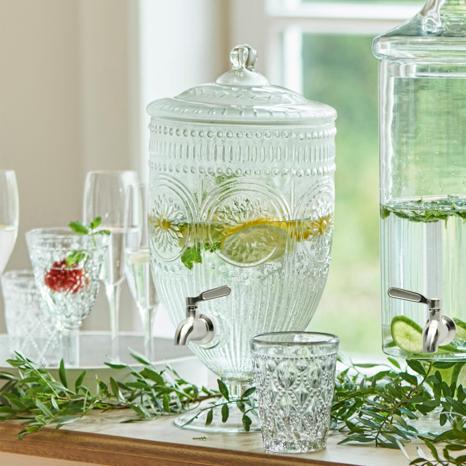LOBERON Mercure Dispenser di bevande - Dispenser di bevande romantico con pratico erogatore - Raffinato cristallo con motivi floreali del passato, trasparente
