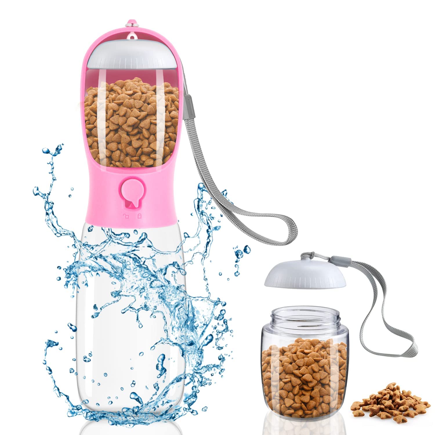 MorFez 2in1 Dog Water Bottle, Portable Pet Water Bottle for Dogs, Leak Proof Dog Travel Water Bottle Dispenser with Food Container for Walks, Travel, Hikes, Outdoor – Pet Gift (19oz Pink)