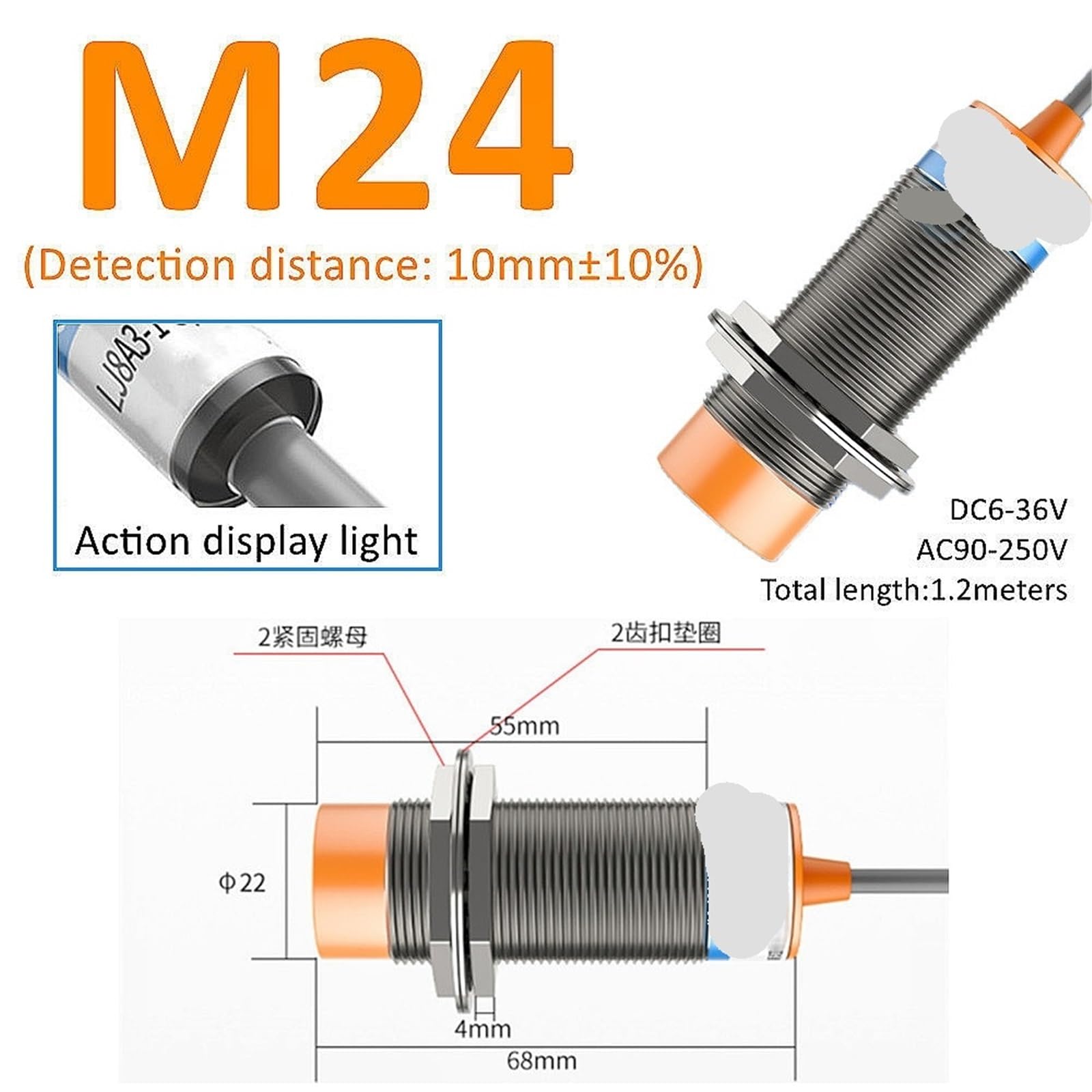 1 sztuka żółty czujnik przyłożenia indukcyjny czujnik zbliżeniowy M8 M12 M18 30 4 mm DC 12 V AC 110 NO NC NPN PNP wykrywanie (M24(Shielded), DC Type 2Wire NC, 1 szt