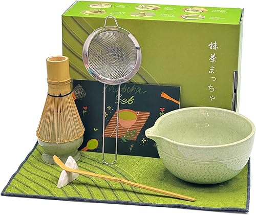 Juego de batidor de matcha, juego de matcha incluye cuenco, batidor y soporte, tamiz, cuchara, reposarillas, toalla de té, kit de 7 piezas para los