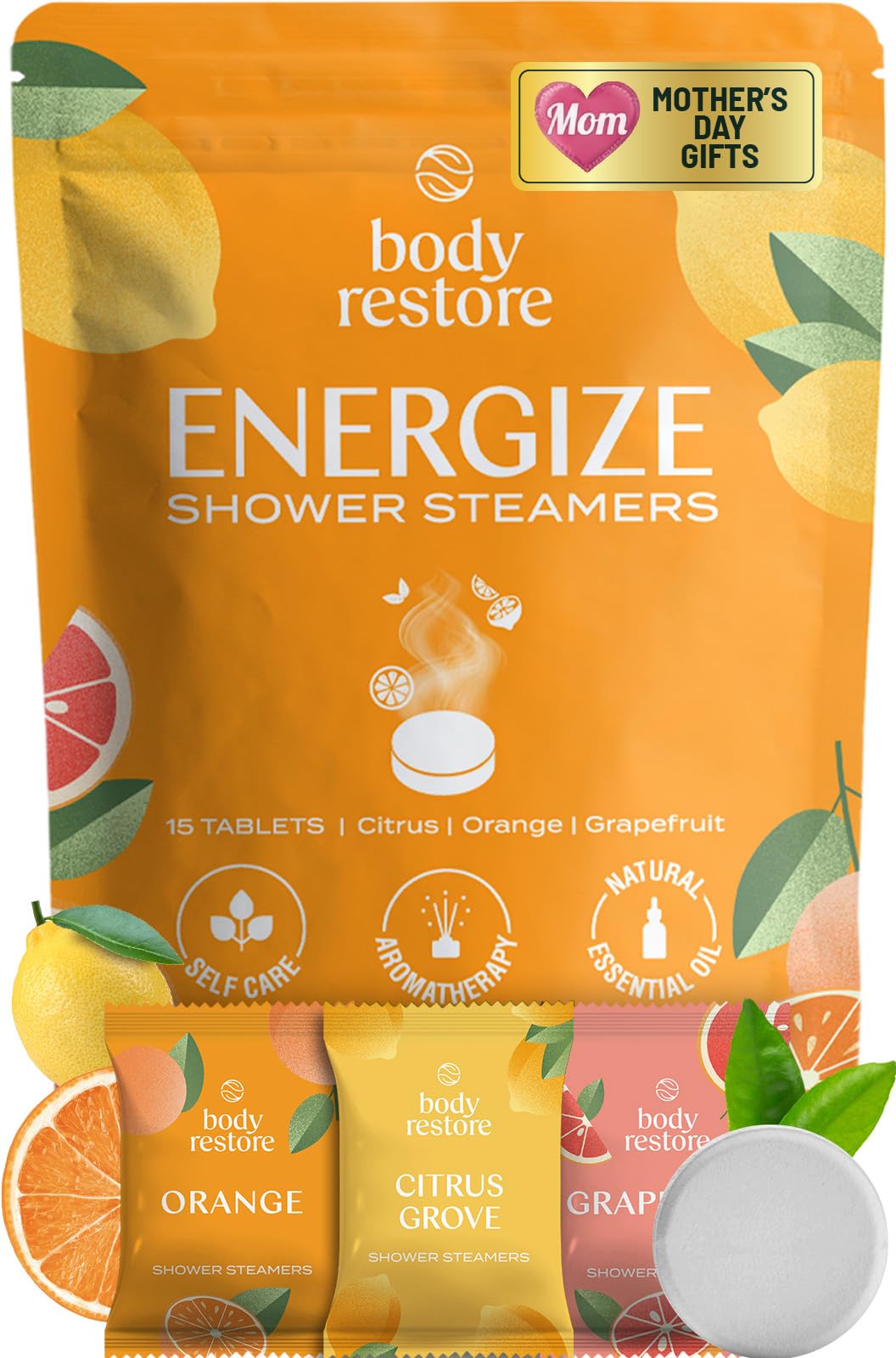 Body Restore Shower Steamers Aromatherapy 15 Pack – Mothers Day Gifts for Mom, Birthday Gifts for Women, Relaxation Stress Relief Self Care – Premium Citrus Essential Oil Tablets