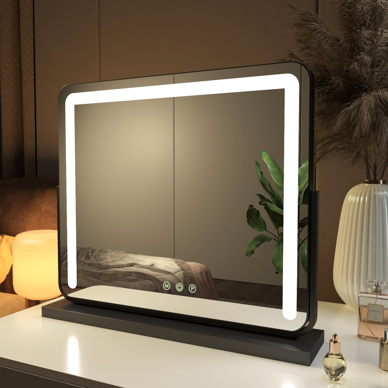 EMKE Espejo Maquillaje con luz 60 x 51.6 cm,Espejo Hollywood con LED Interruptor táctil+función de Memoria+3 Colores de luz,Espejo Maquillaje Regulable Ajustable 360° Giratorio (Negro)
