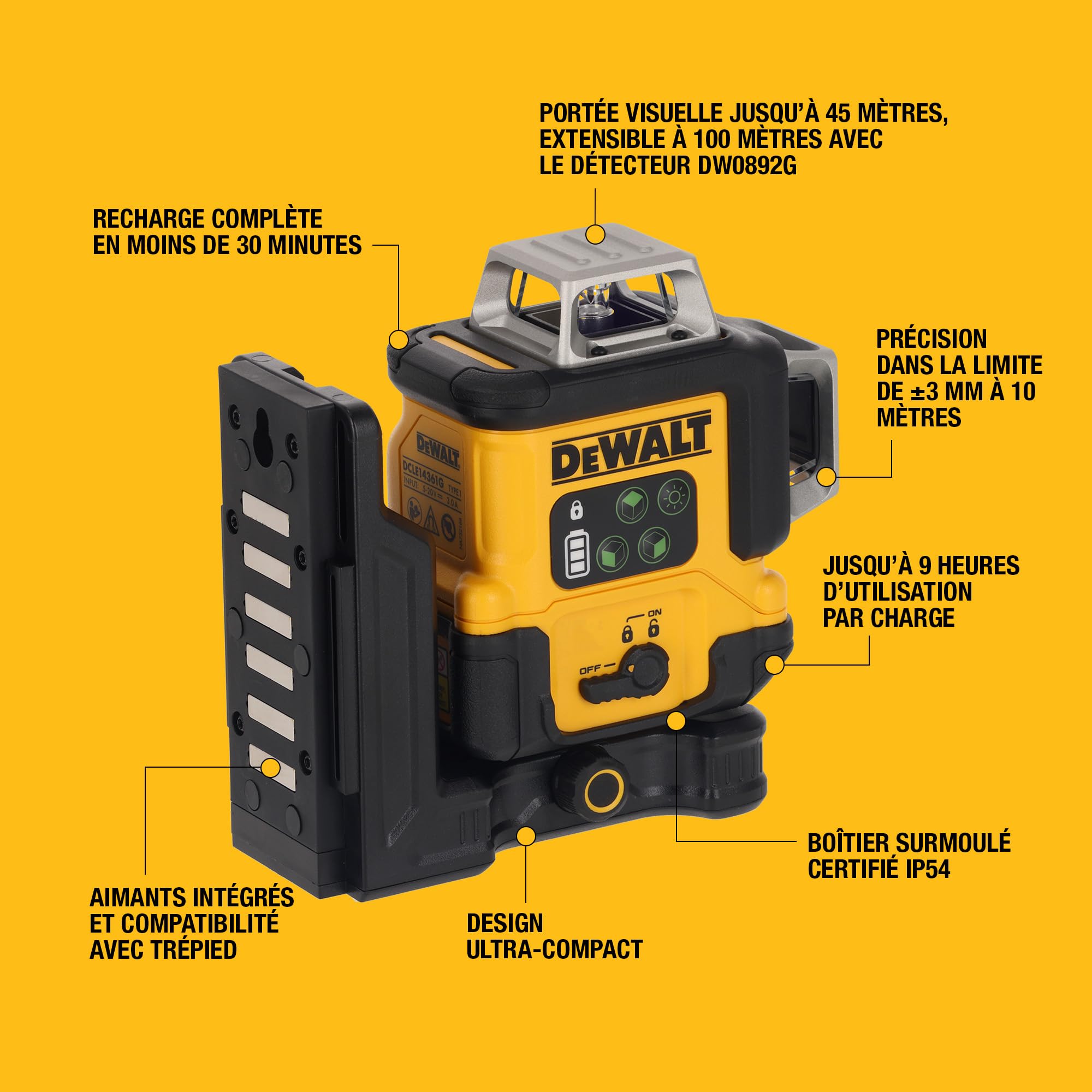 DEWALT, Laser linéaire vert 3x360° rechargeable par USB dans une mallette de rangement, DCLE14361GB-XJ
