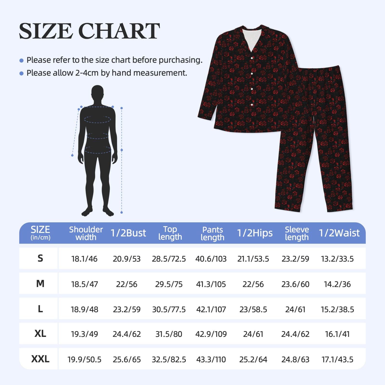 Conjunto de pijama de manga larga para hombre con estampado de rosas rojas y negras, ropa de dormir transpirable y cómoda