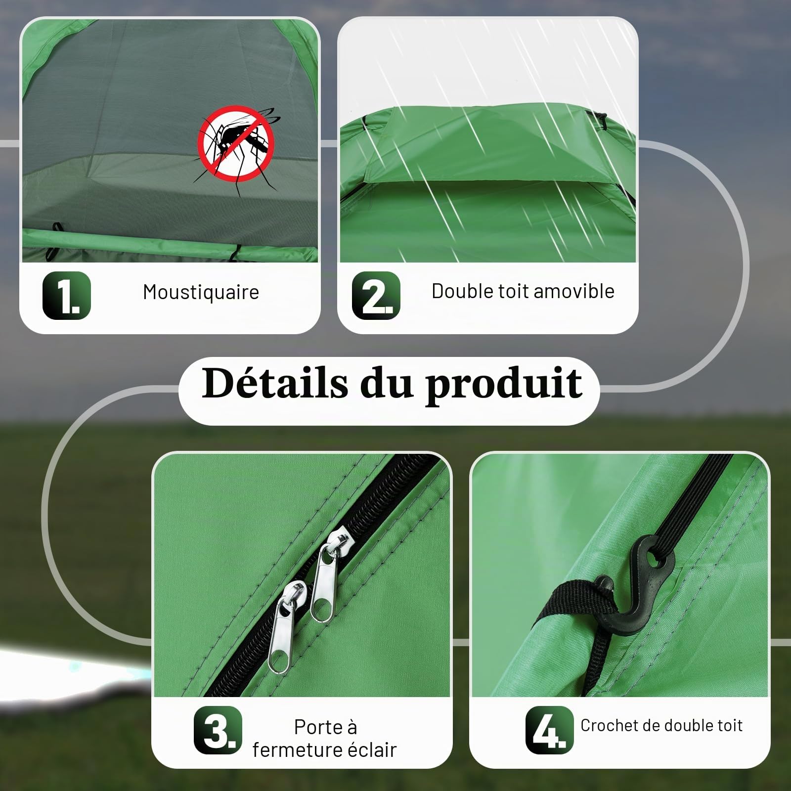 LEADZM Tente de camping portable pour 3 à 4 personnes, imperméable, coupe-vent, protection UV, structure en fibre de verre, idéale pour le camping, les pique-niques, bleu