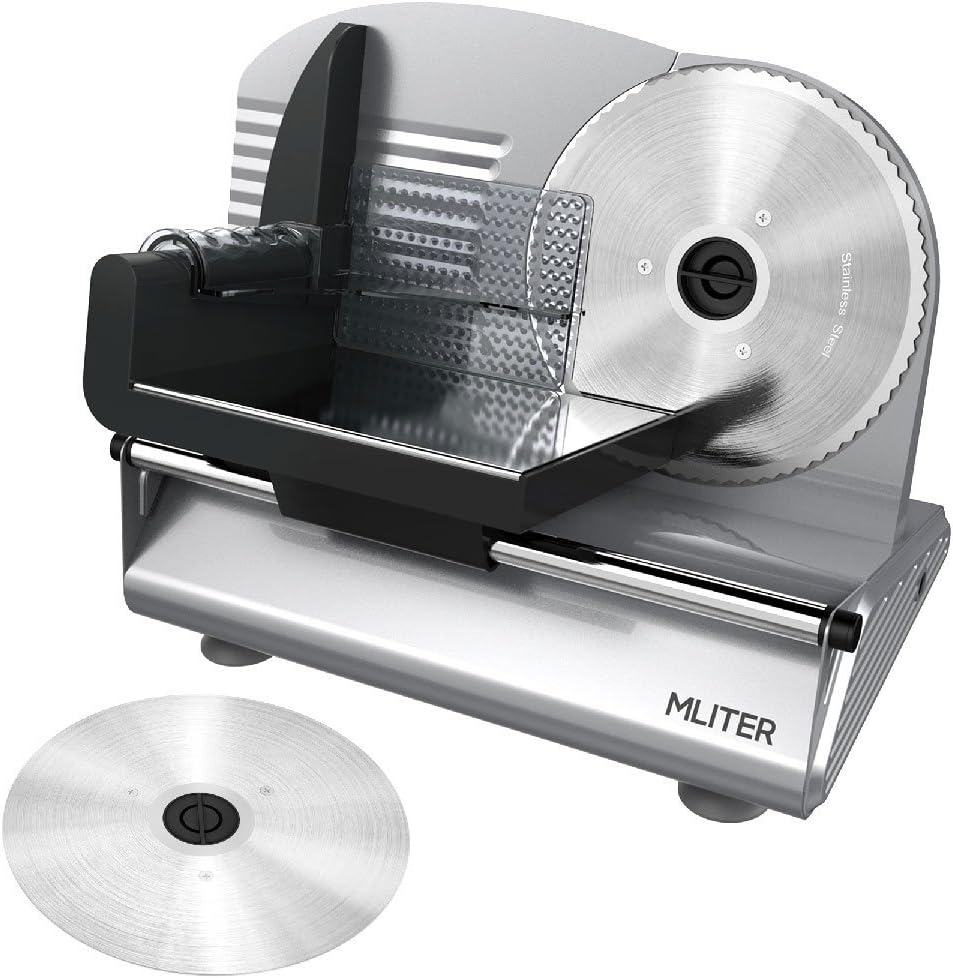 150W Electric Food & Meat Slicer Machine with 2 Blades - 7.5 Inch Serrated & Non-serrated Stainless Steel Blades - Thickness Adjustable for Bread, Cheese, Ham, Vegetables, etc - Silver