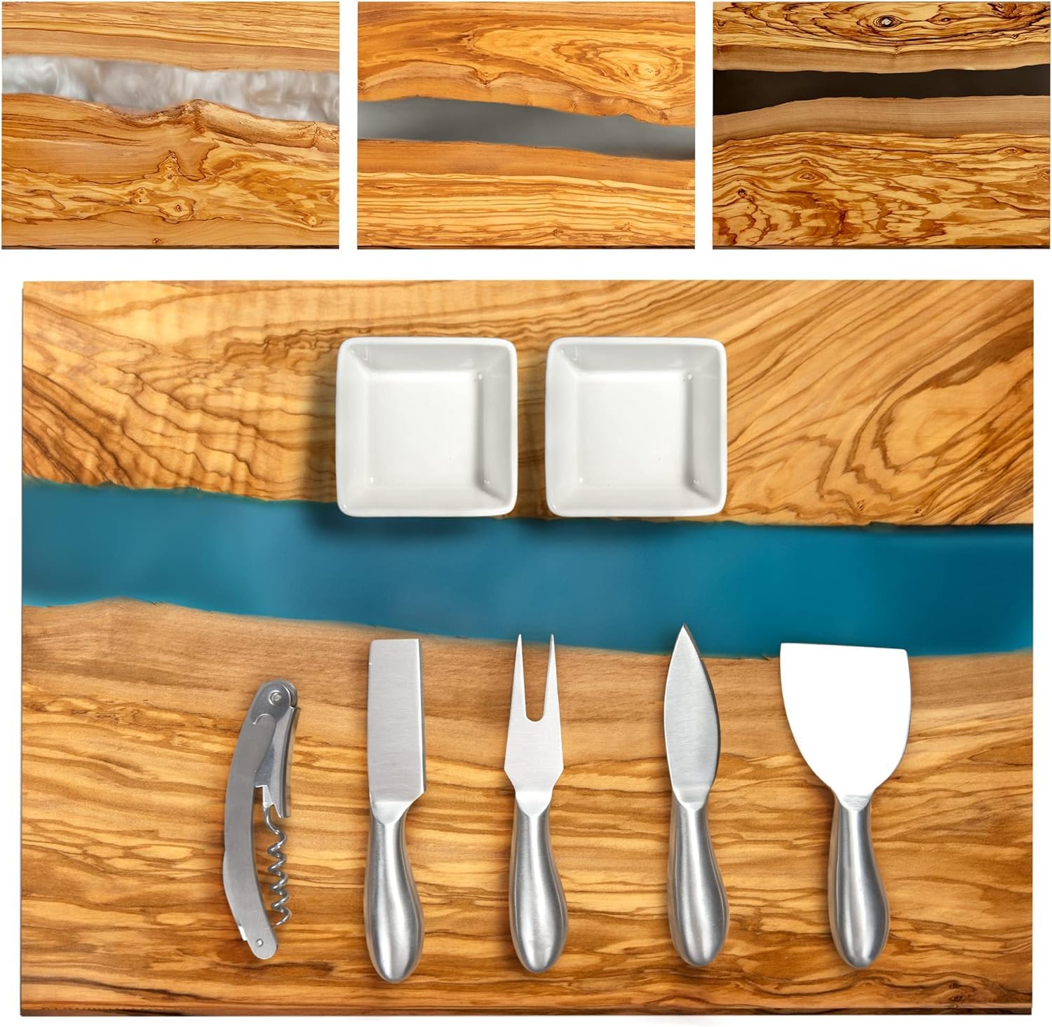 Set de couteaux à fromage avec planche en bois d'olivier et bols apéritif design
