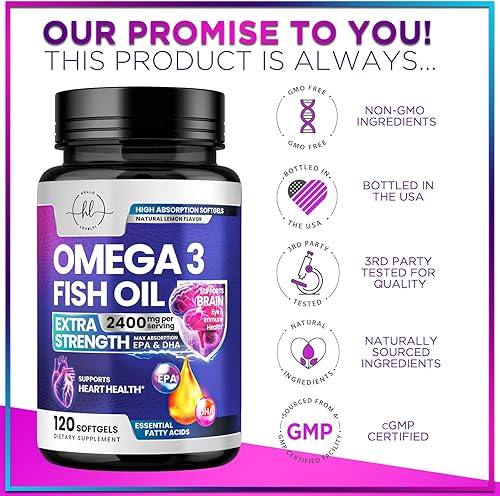 Miniatura 4 de Suplementos de aceite de pescado Omega 3 de 2400 mg - Ácidos grasos Omega 3 de triple fuerza, salud natural del corazón y apoyo articular - Ácidos