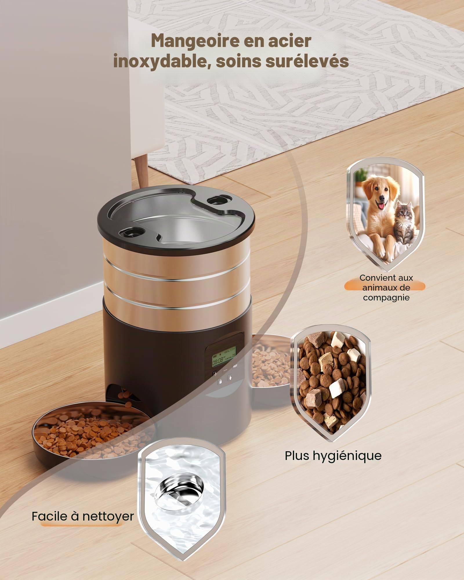 Distributeur Croquettes Chat Automatique Double: Inox Distributeur Croquettes Chien avec 2 Bols - Acier Inoxydable Gamelle Electronique pour Chat - 5L Mangeoire Programmable pour Petite/Moyenne Animau