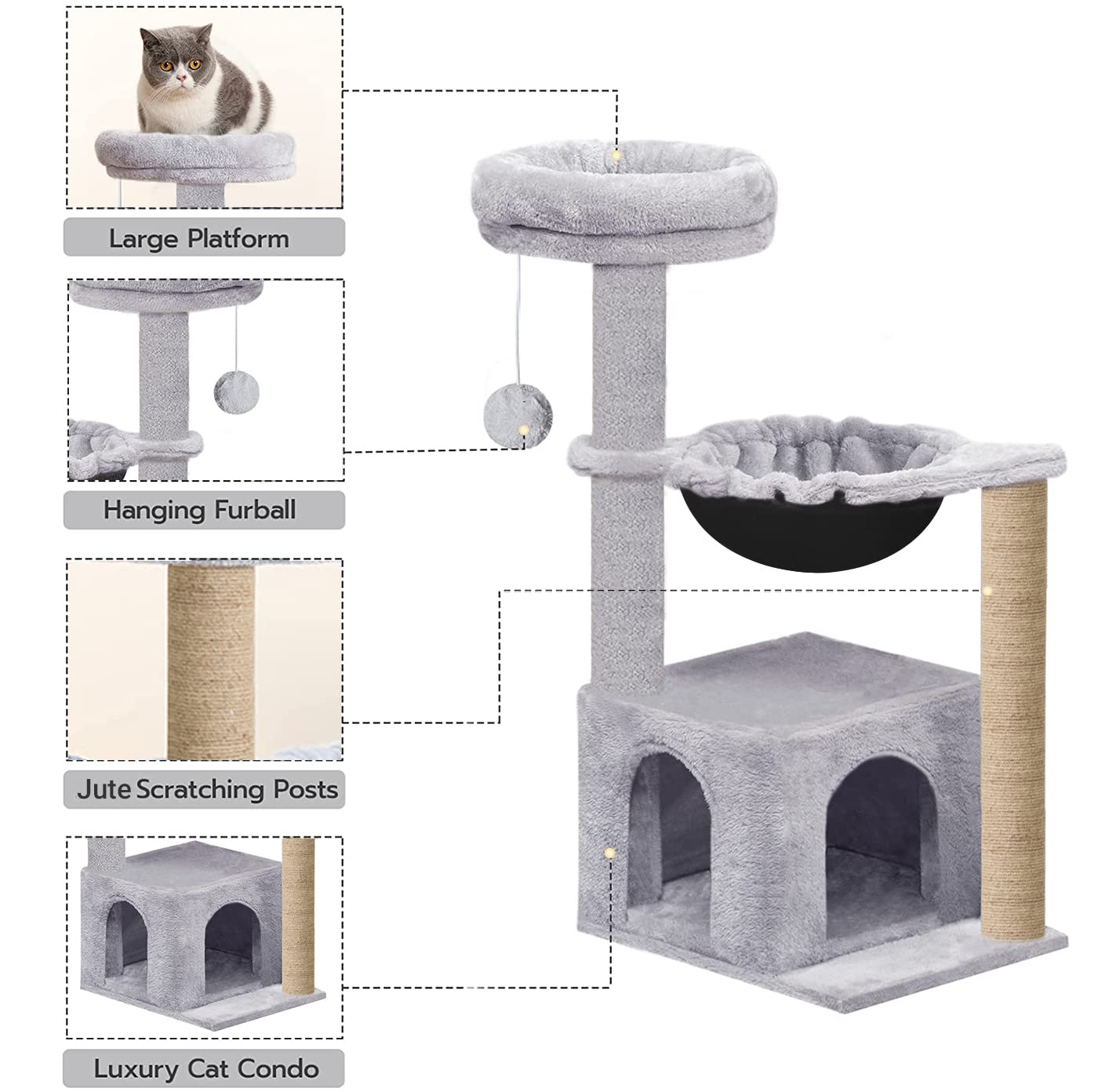 Mellifluous Soft Fur Condo Activity Cat Tree - Jute Rope, Scratching Post, Dangling Toys, Hanging Hammock , Suitable for Cat (Grey, Large) (Condo 16 x 16 Inch) (Height 38 Inch) 2