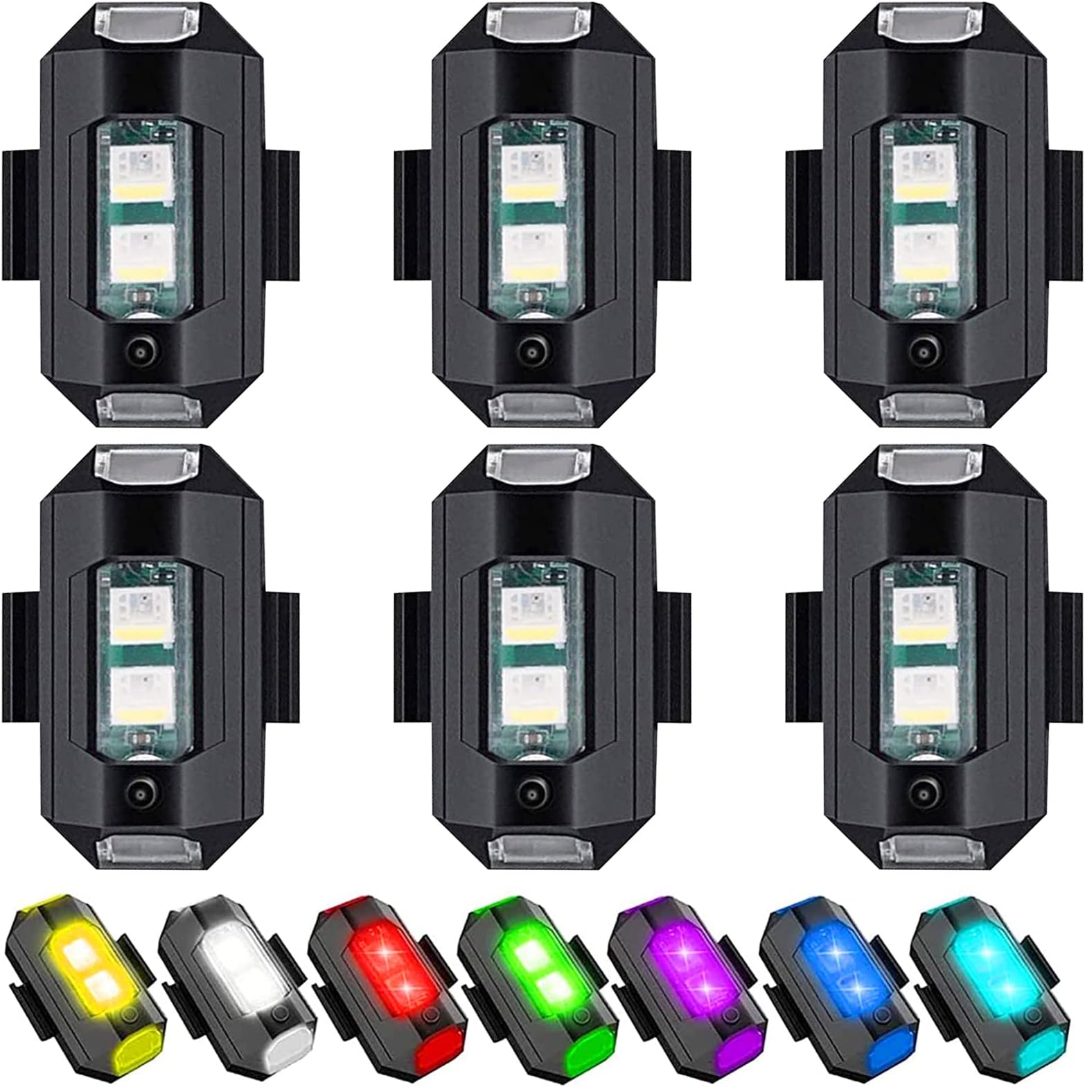 Funmo 6 Pcs LED Aircraft Strobe Lights USB Charging 7 Colors LED Strobe Drone Light Anti-Collision Night Lights for Motorcycle, Drone, Bicycle, RC Car (LH14-Warning light)