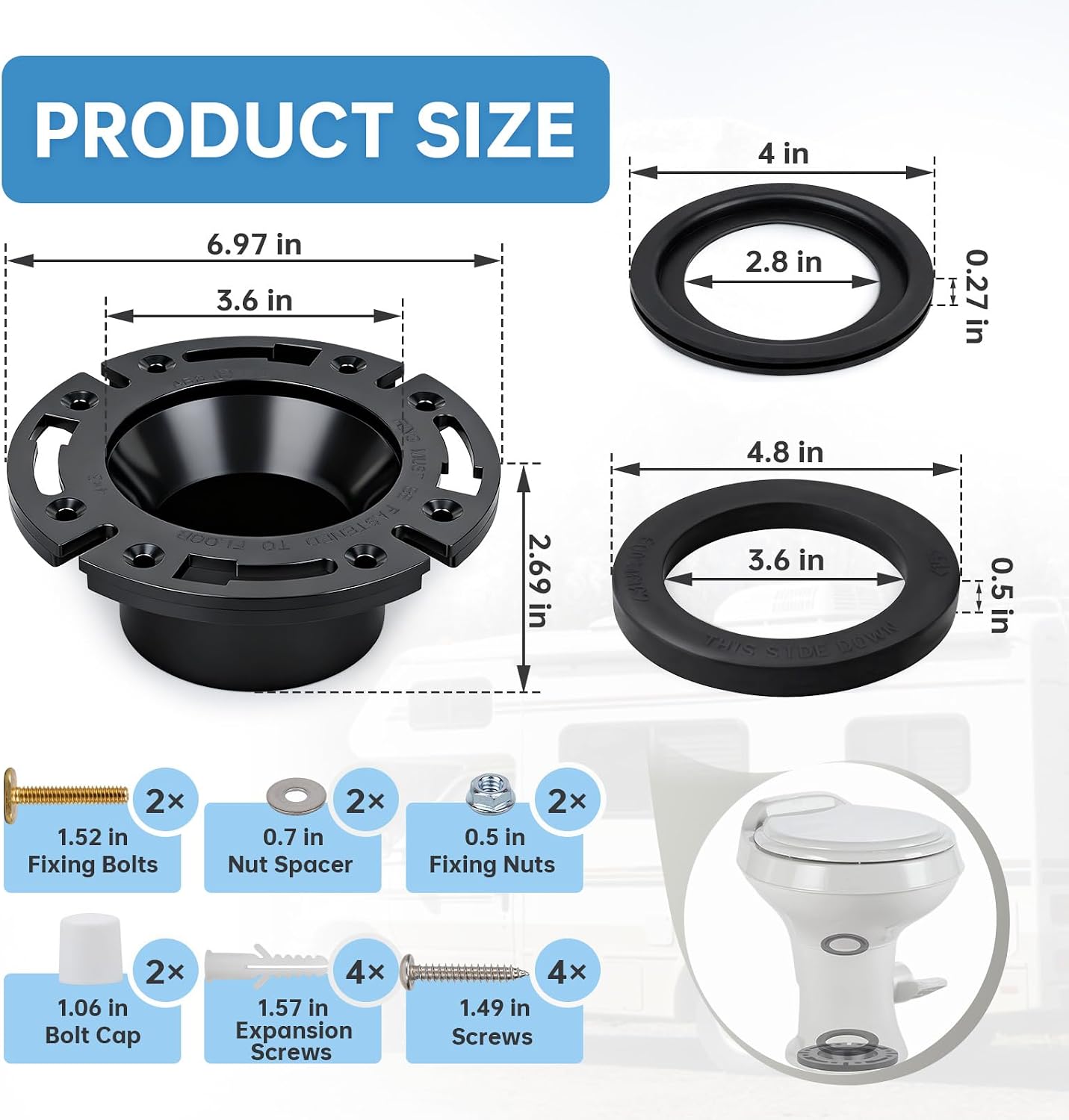 jamini RV Toilet Seal, 3 Inch Socket Floor Flange Kit Replacement, Compatible with Dometic 300 310 320 RV Toilets, Replaces 385345892 Flange、385311658 Flush Ball Seal and 385311652 Base Seal
