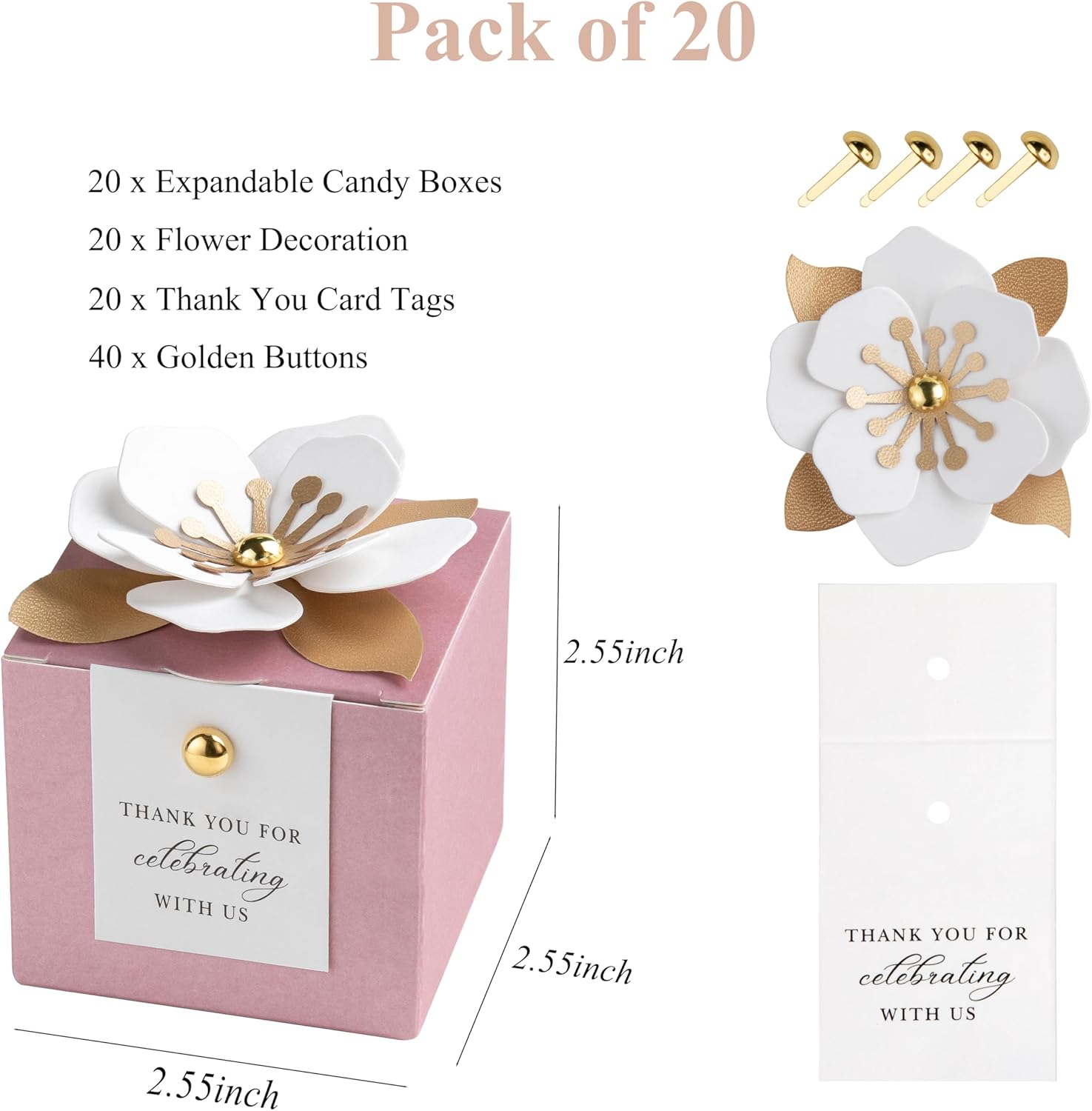 FEIYI 20 PCS Candy Boxes, 3 In 1Dusty Rose Favor Boxes with Floral Decor, White Thank You Tags Gift wrapping for Wedding Birthday Baby Shower Decorations Party -2.55x2.55x2.55'' - Image 2