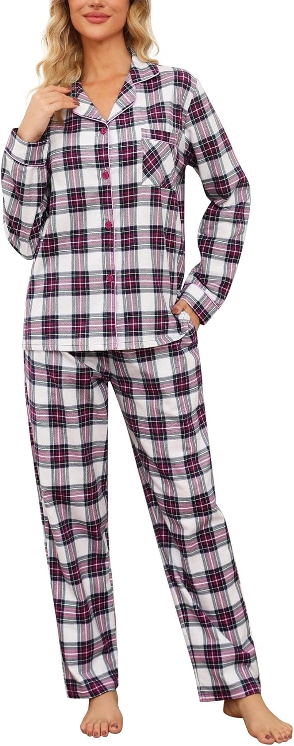 ENJOYNIGHT Womens Cotton Flannel Pajamas Set Plaid Button Pjs Long Sleeve Sleepwear