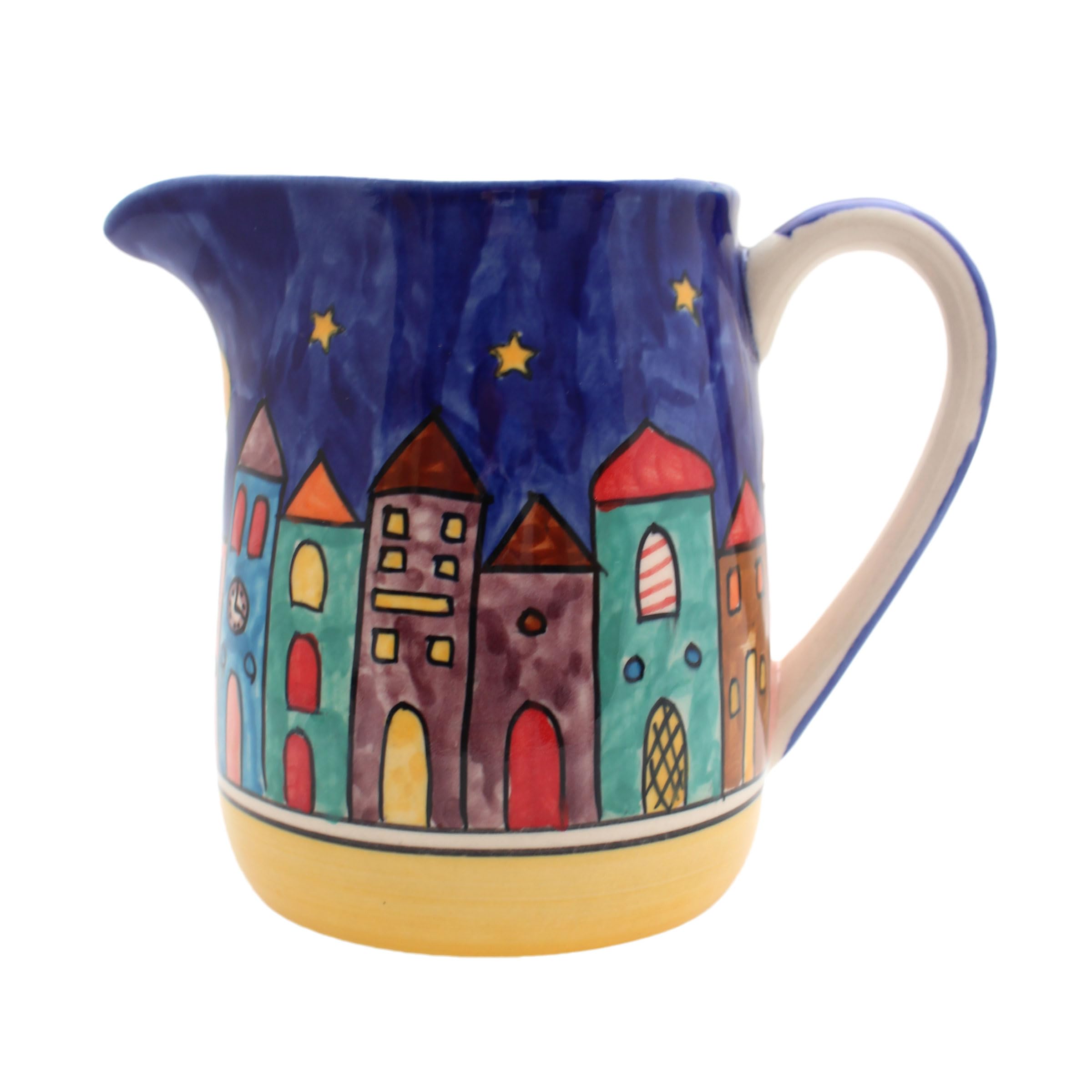 Pichet en céramique fabriqué à la main avec design de maisons colorées, scène de nuit avec étoiles