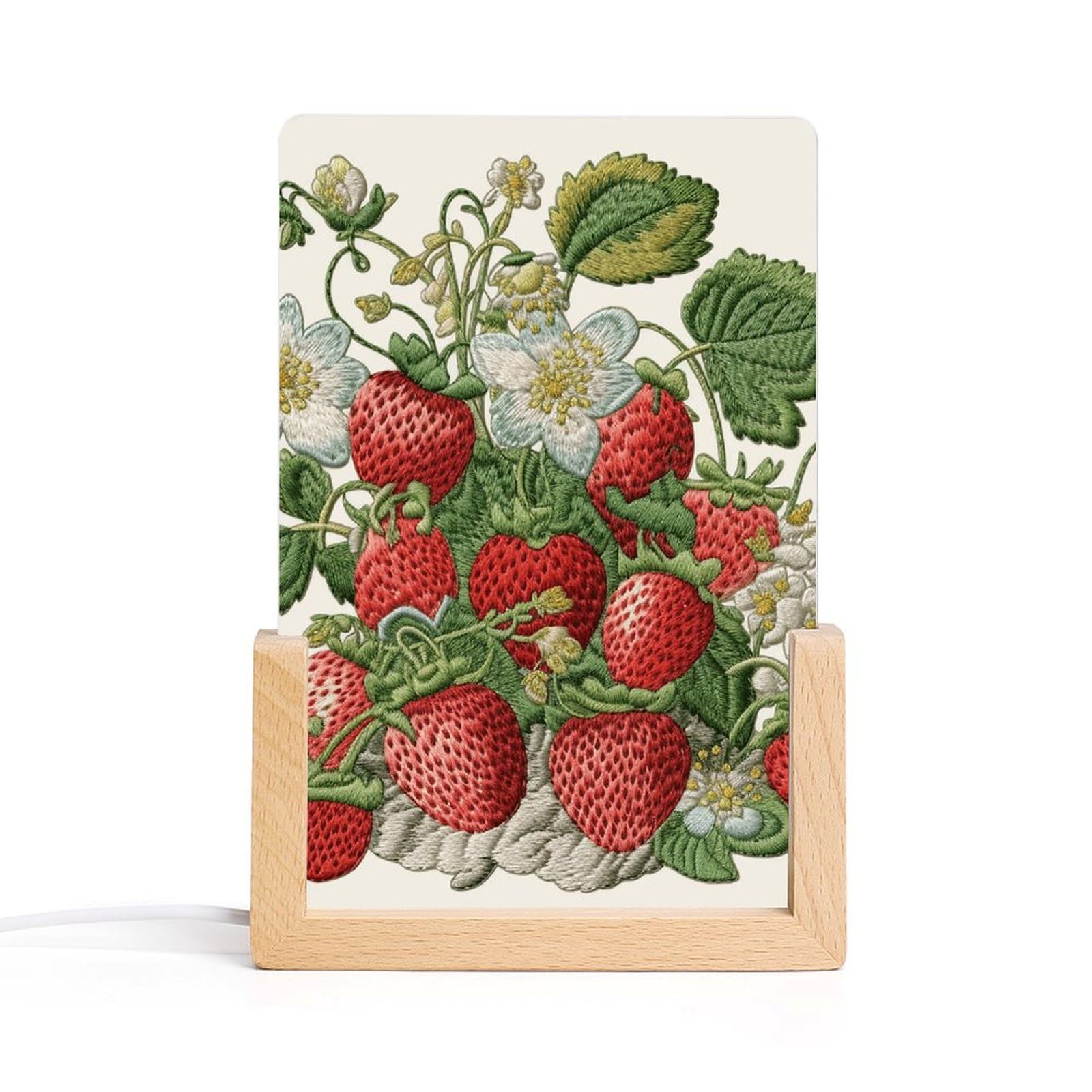 JTREHY Acrylic Night Light,Strawberry Embroidery Printed Wooden Base LED Night Light Modern Home Decoration Light with USB Switch Cable for Bar Cafe Bedroom Room Decoration