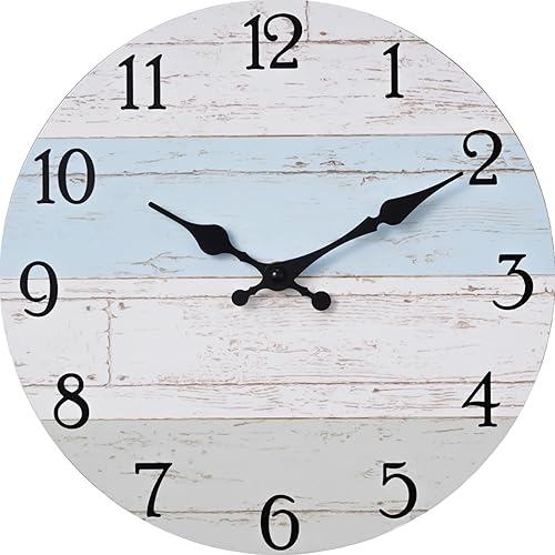 Miniatura 13 de Reloj de pared con pilas, 14 pulgadas, grande, silencioso, sin tictac, diseño costero, estilo campestre rústico, retro, decorativo, para baño,