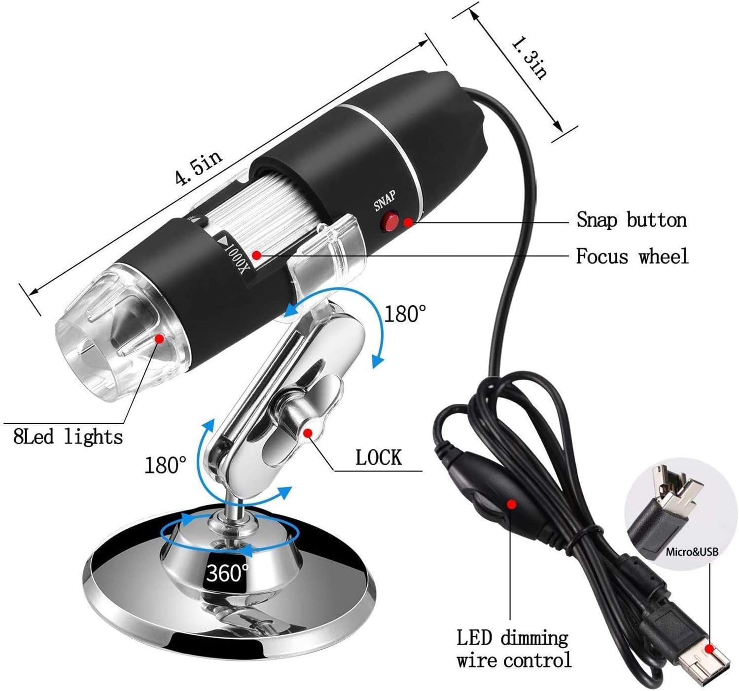 Wireless Digital WiFi USB Microscope 50X - 1000X Magnification Mini Handheld Endoscope Inspection Camera with 8 LEDs with Metal Stand, Compatible with iPhone, Android Smartphone, Mac, Windows (Black)