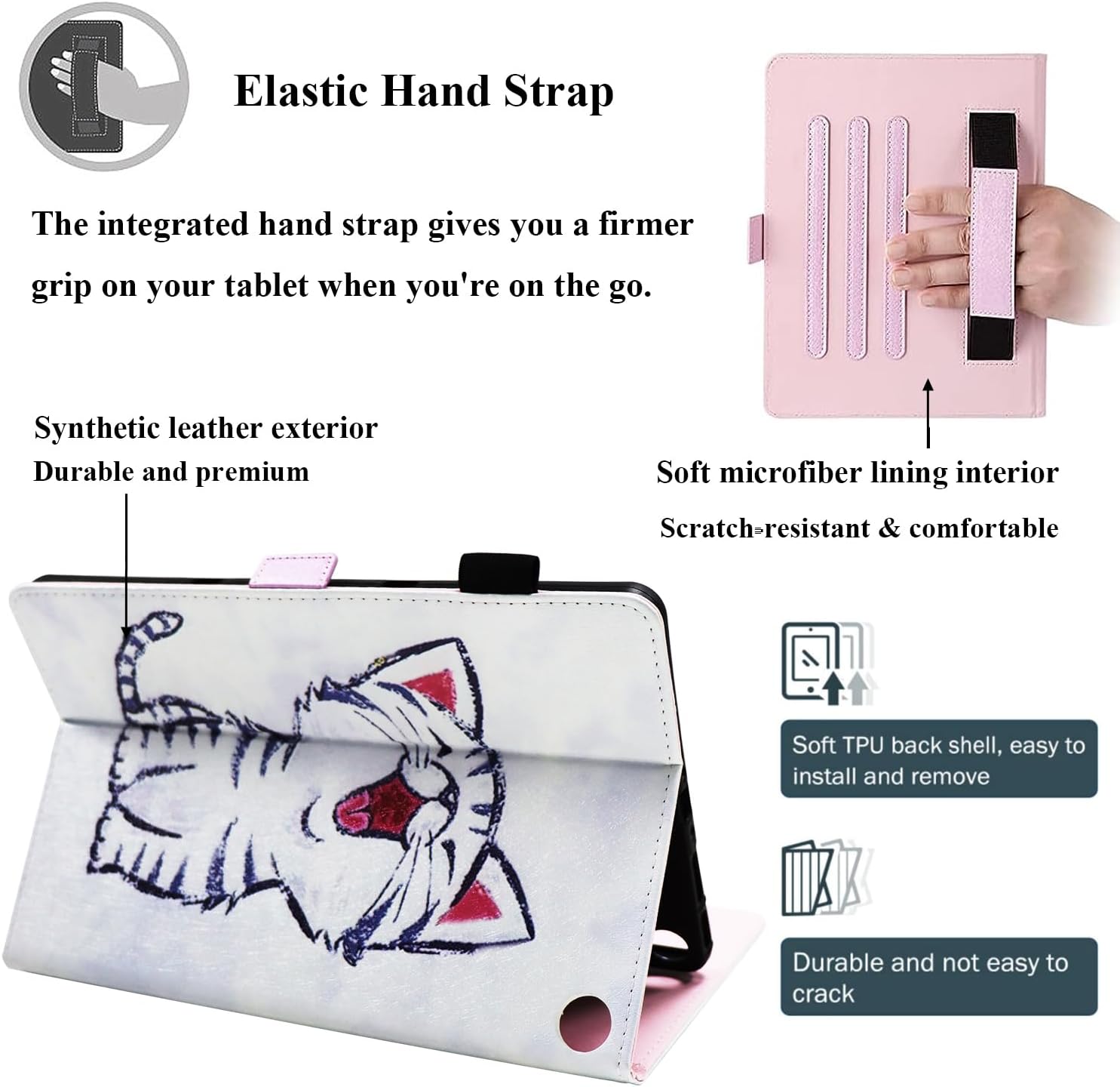 Case for Amazon Kindle Fire Max 11 Tablet (13th Generation, 2023 Release) with Pencil Holder/Hand Wrist Strap Folio Stand Magnetic Smart PU Leather Cover [Auto Sleep Wake], White Cat Kitty