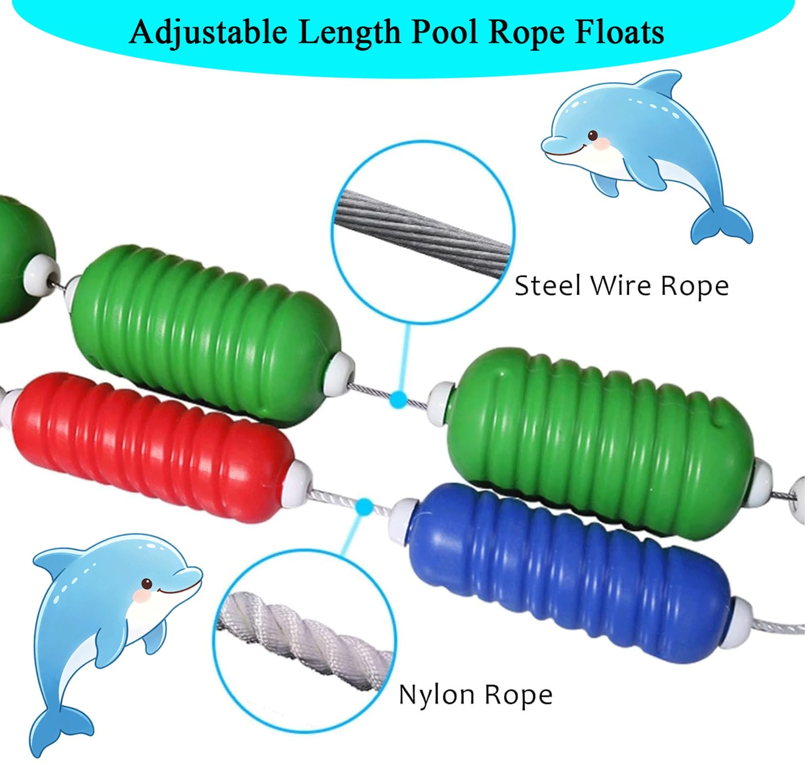 Kit Completo di Corda Galleggiante per Piscina, Linea divisoria di Sicurezza da 4,88 m con 2 Ganci e galleggianti, Corda in Polipropilene Regolabile per Piscina, Palestra Domestica