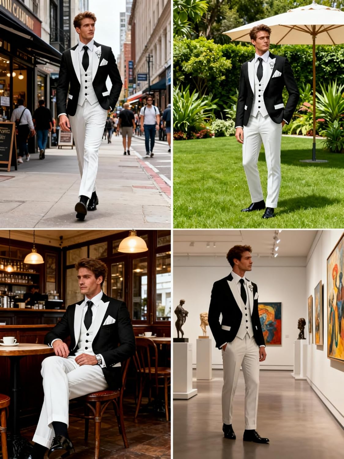HUUTOE White Suit Men Slim Fit -Black Tuxedo Suit 3 Piece Jacket Pants Vest Set Mens-Man Business Regular Fit Suits