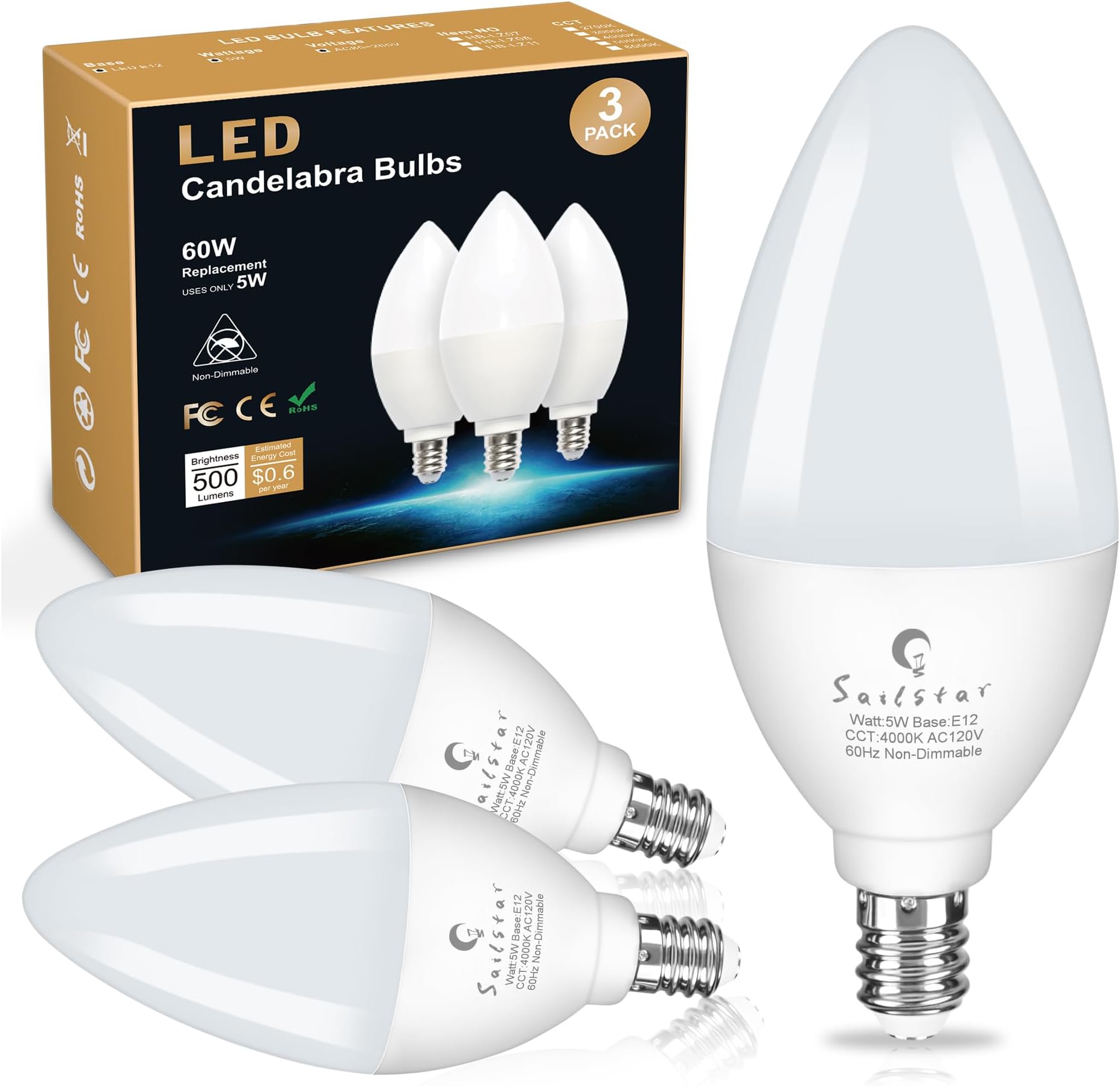 Sailstar Candelabra Light Bulbs 60 Watt Equivalent, 4000K Natural Daylight, 5W E12 Small Base Type B LED Bulbs, 500 Lumens, Chandelier Ceiling Fan Light Bulbs, CRI 85, Non-dimmable, Pack of 3