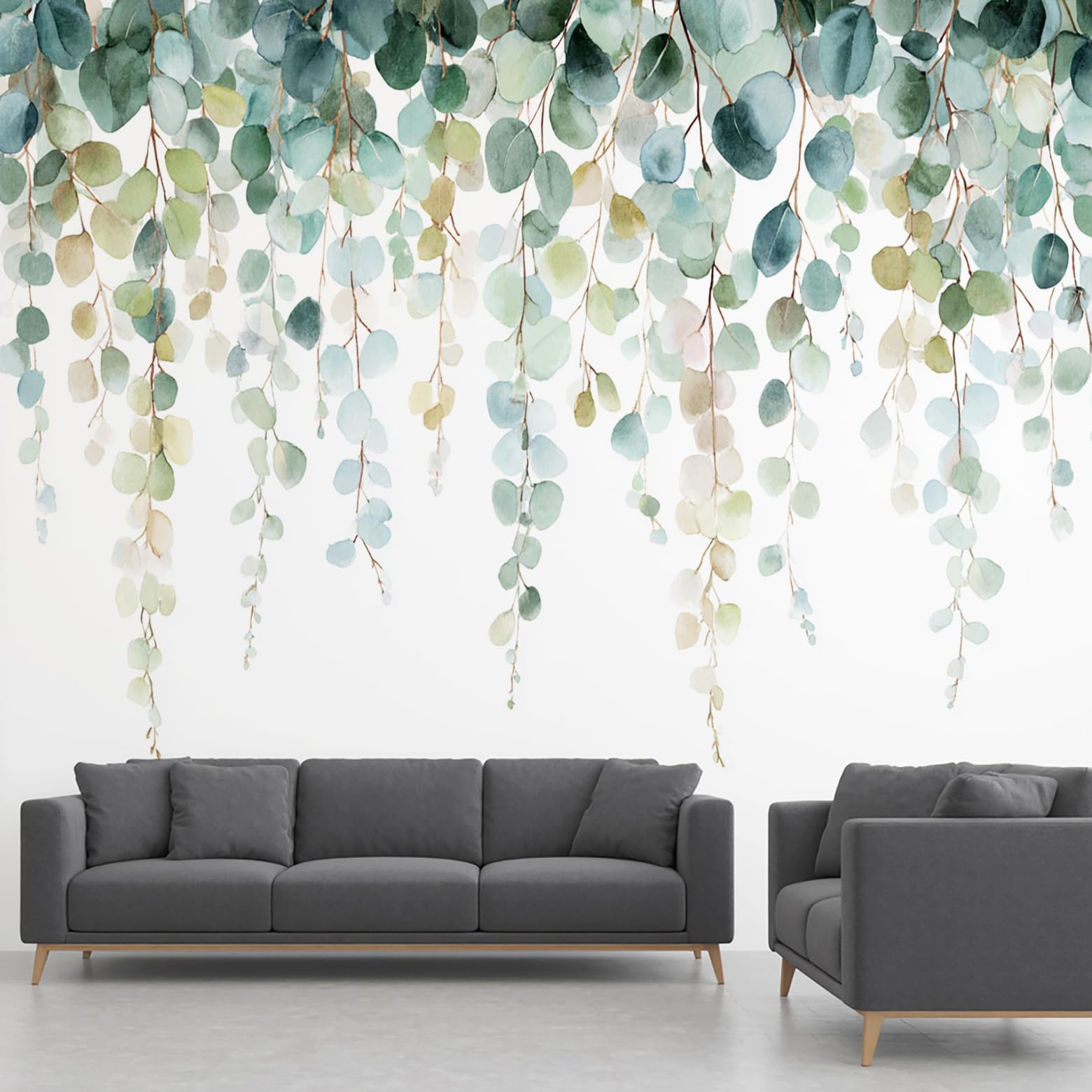 Eucalyptus Leaves Wallpaper, Watercolor Plant Mural, Panoramic Wall Paper for Bedroom Living Room Hallway Restaurant Home Decoration – 390x260 cm Wall Mural