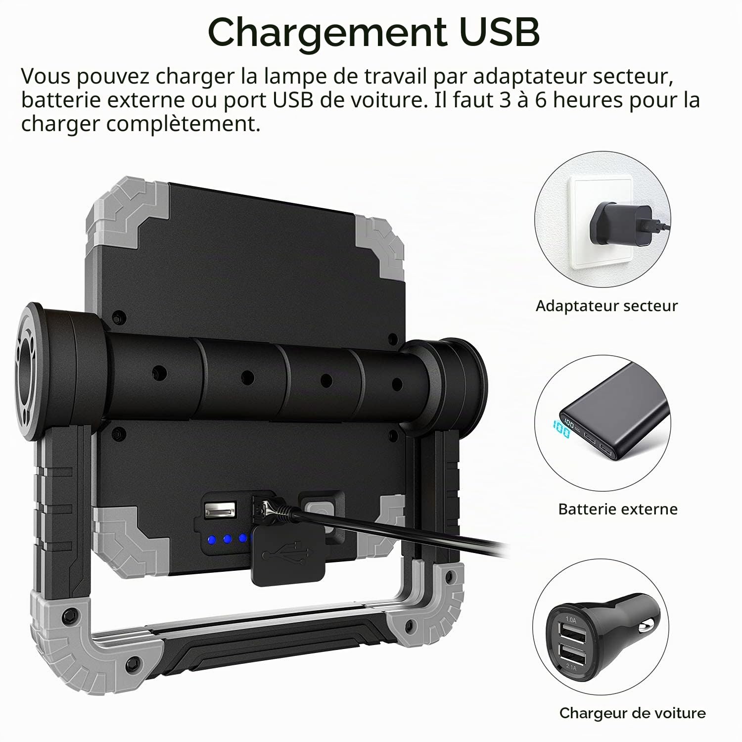 Lampe de travail LED rechargeable 20 W - Lampe de travail très lumineuse avec rotation à 360 ° - Lampe de travail pliable et étanche pour réparation de voiture, camping, randonnée