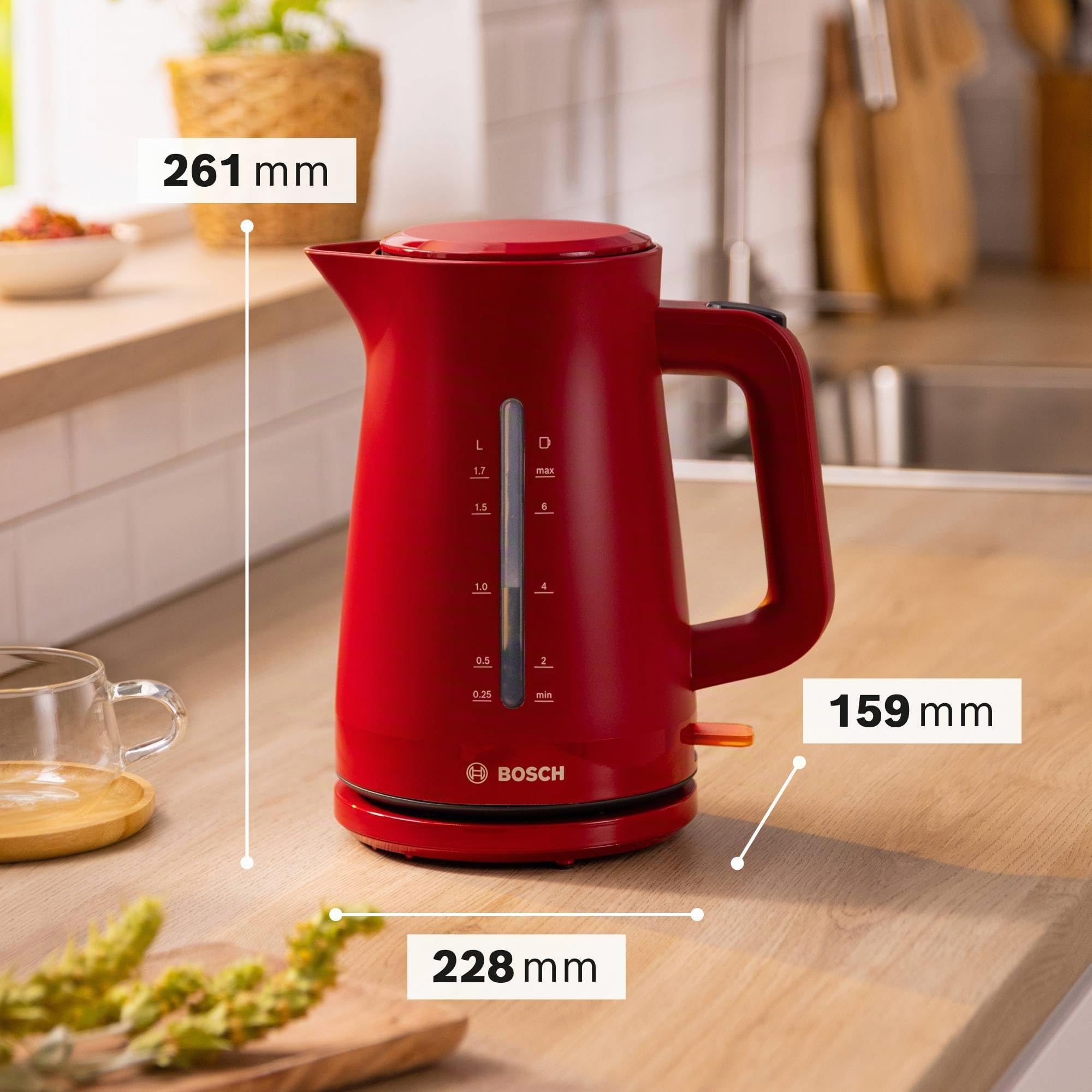 Bosch - hervidor eléctrico, MyMoment, manejo ergonómico, triple sistema de seguridad, filtro antical, capacidad de 1,7 l, rojo intenso, TWK3M124 | Hervidor, calentamiento rápido, filtro extraíble, indicador de nivel de agua, apagado automático, fácil de l