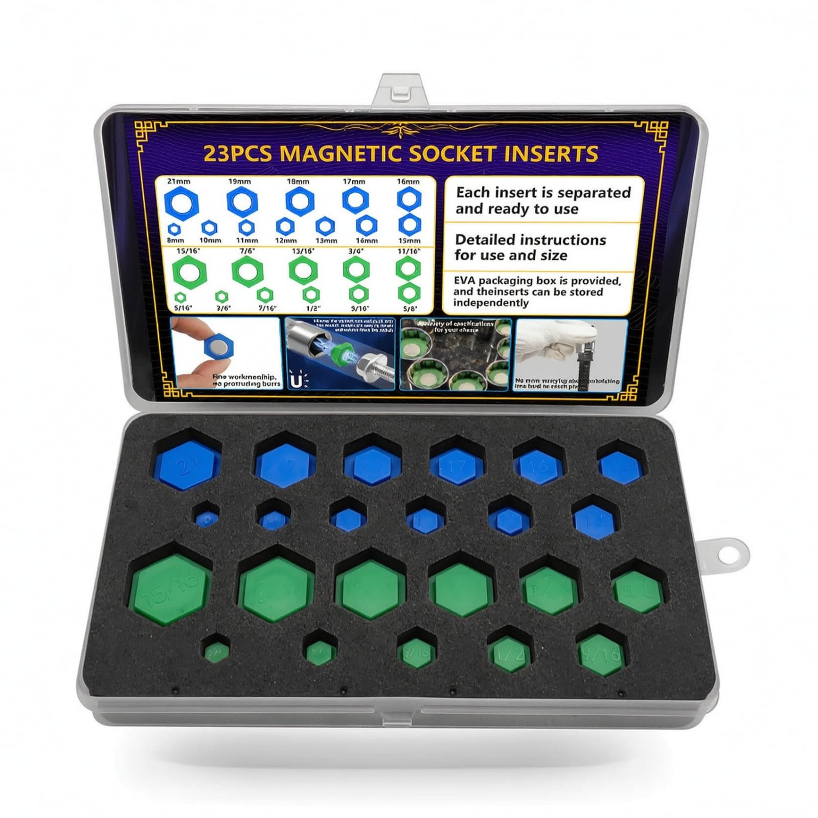 23 Pièces Adaptateur de Douille Clé Embout Insert Magnétique Compatibilité Sae et Métrique Identification Rapide Plateaux en Mousse