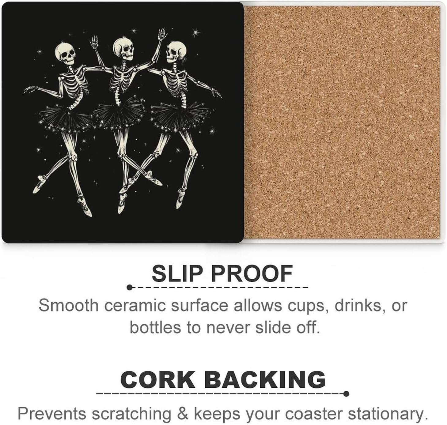 Ballerina Skeleton Dance Coasters for Drinks Square Table Coasters Set Cup Mats with Cork Base