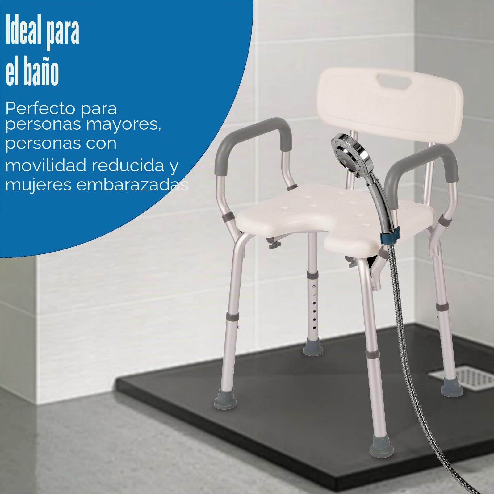 EasyVibe Silla de Ducha para Personas Mayores Con Reposabrazos y Respaldo - Asiento de Baño Sin Herramientas, Altura Ajustable, Capacidad