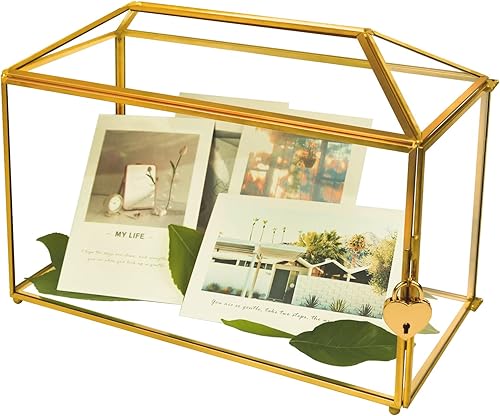 Caja de tarjeta de cristal de boda dorada con cerradura y ranura, 12.6 x 5.9 x 9.0 pulgadas, caja transparente con llave - tarjetero para recepción