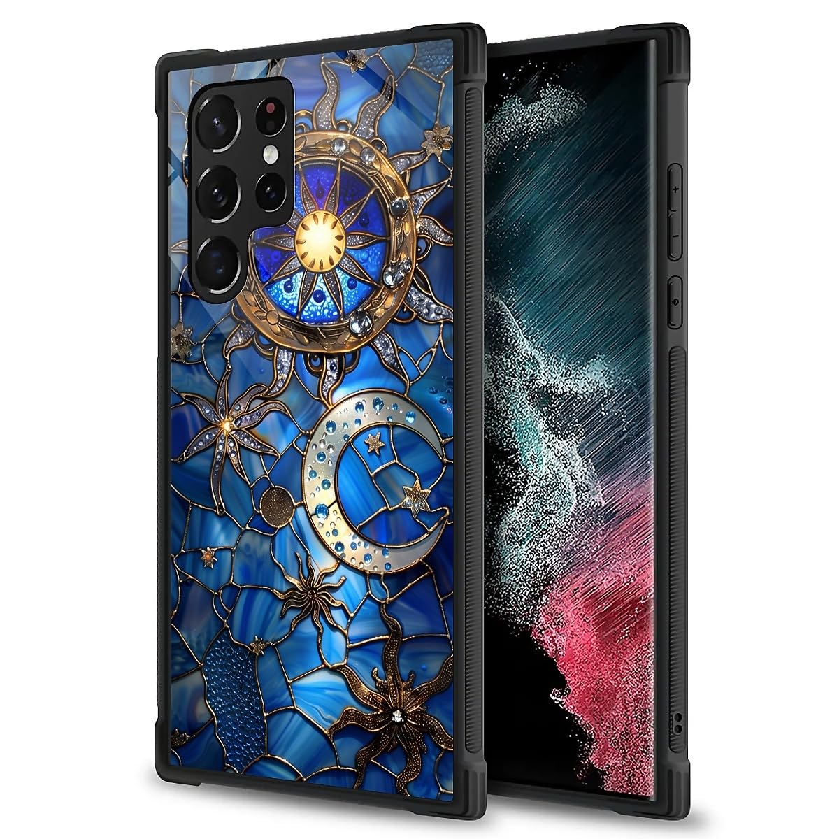 ZHEGAILIAN Compatible with Samsung Galaxy S22 Ultra Case,Stained Glass Moon Sun for Girl Woman Men Boy,Drop Protection with Soft TPU Bumper Case for