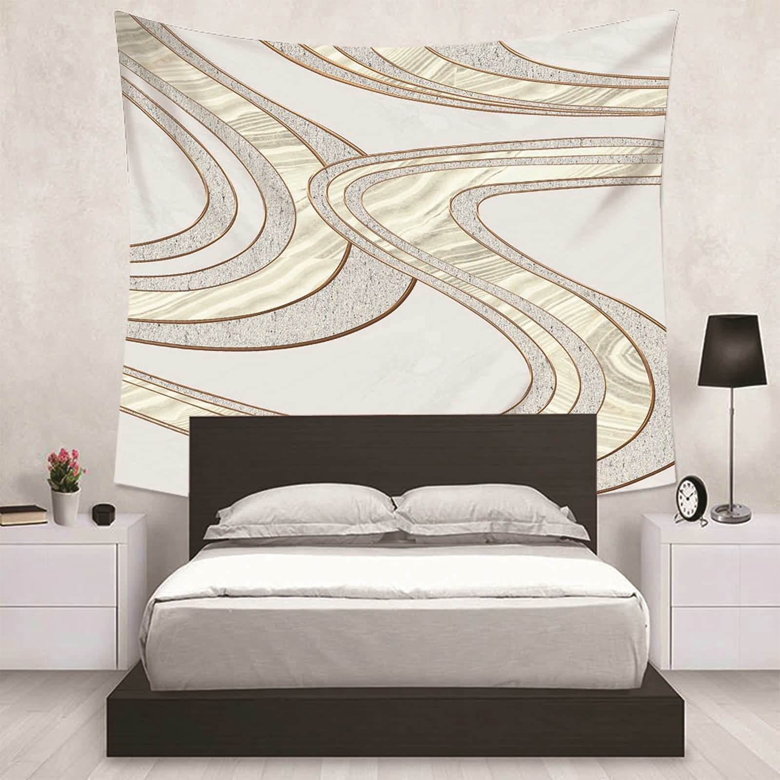 Tapiz de pared, diseño de líneas geométricas, decoración de pared, de poliéster, gris, caqui, 350 x 256 cm