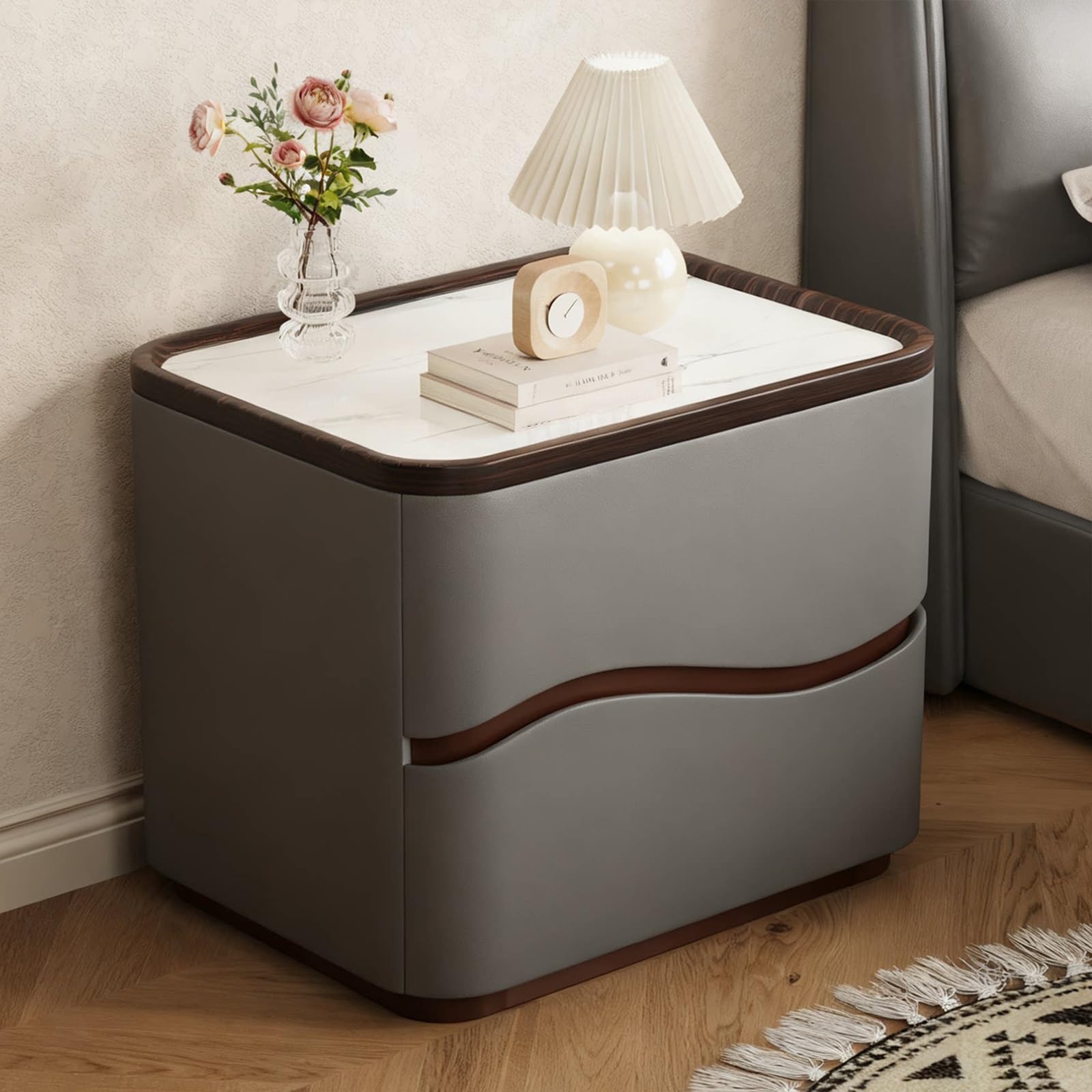 SXZenSpace Bedside Table with 2 Drawer, Solid Wood Nightstand Slab Tabletop Modern Night Stand Wooden Furniture for Bedroom(Gray,40x40x50cm)
