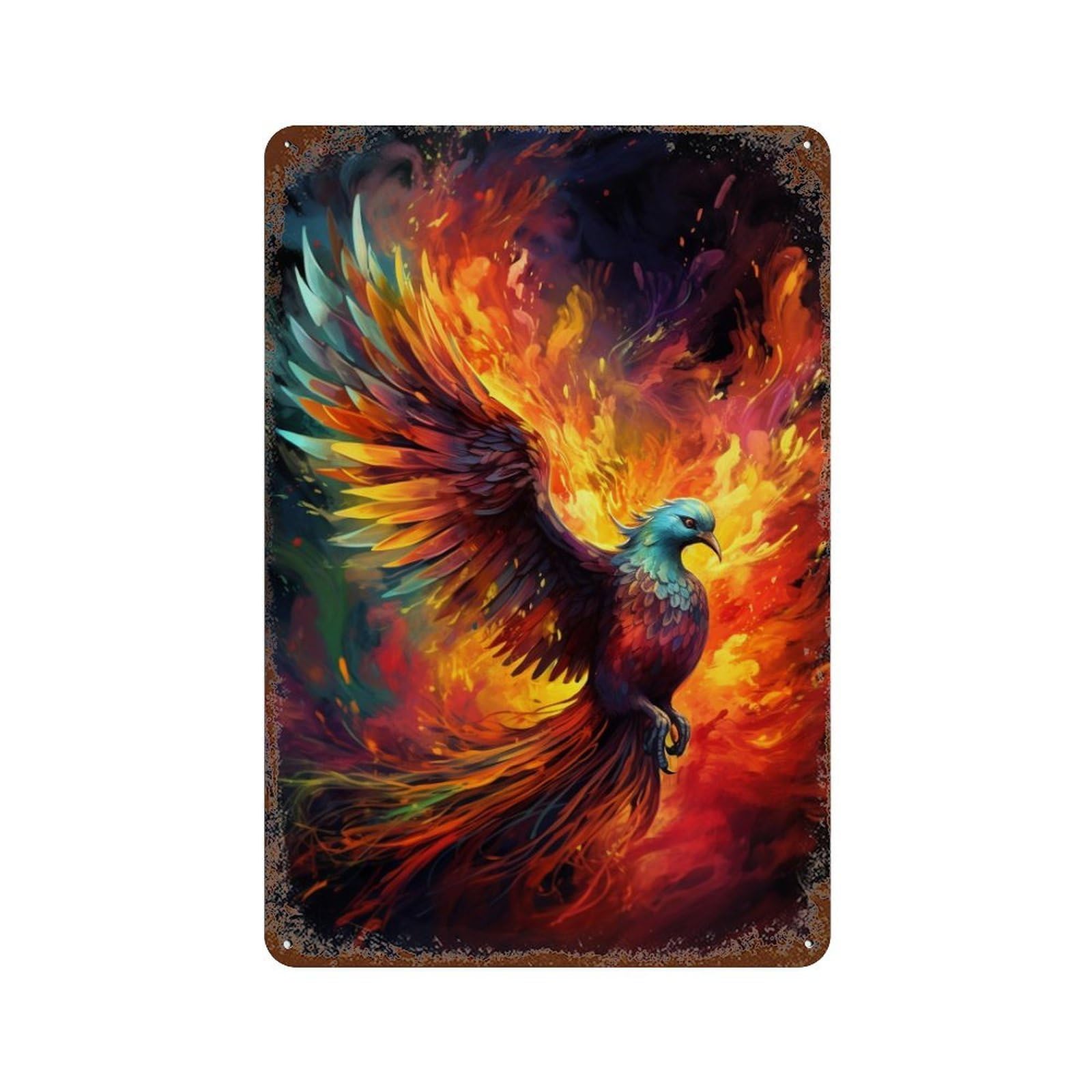 Phoenix Rising Firebird Artwork -3 Weathered Tin Sign 11.8"x7.9", Farmhouse Wall Decor for Garage, Pub Or Kitchen