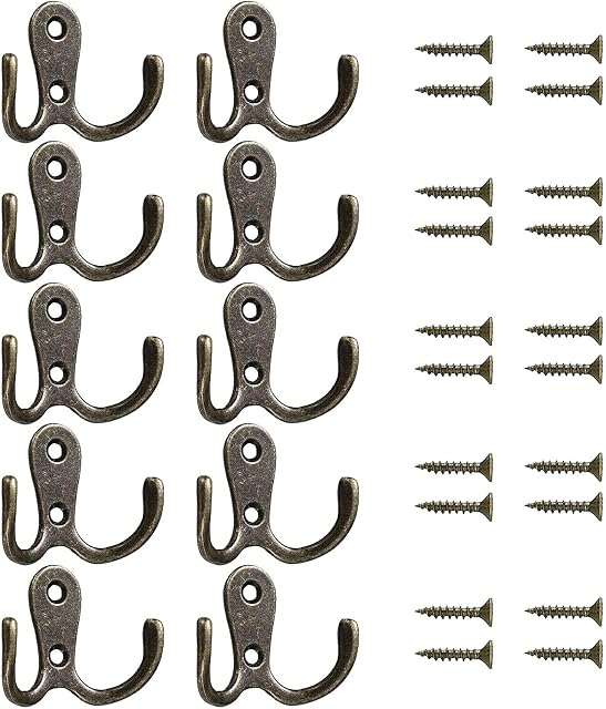 Namvo 10 Pcs Double Coat Hook Vintage Metal Hook Bronze Hat Clothes Towel Hook Antique Twin Robe Hook Dual Hooks Hanger Wall Mounted Door Hanging Hooks for Kitchen Bathroom Bedroom with Screws