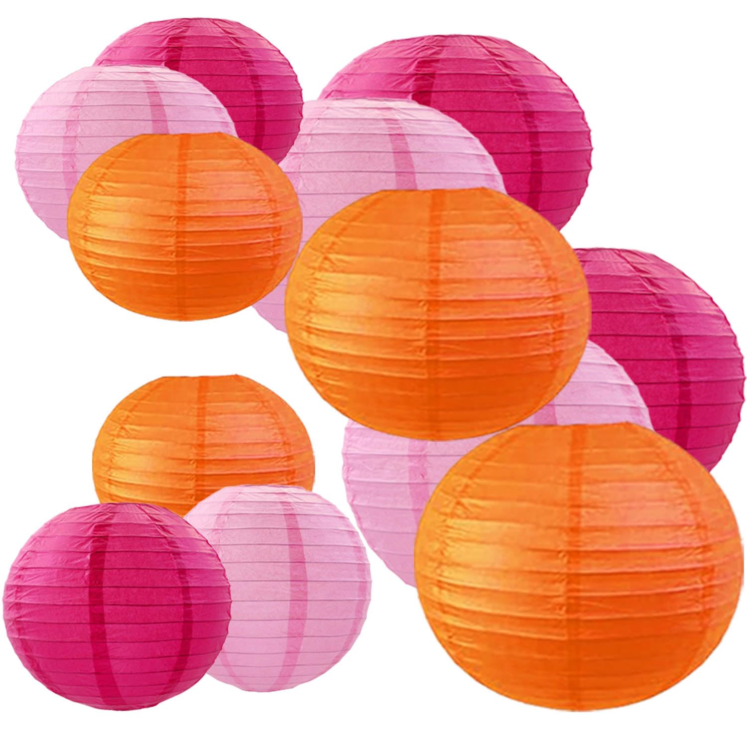 View 1 of 12pcs Orange Pink Hot Pink Round Paper Lanterns, Hanging Decorative Lanterns for Wedding, Birthday Party, Baby Shower & Events